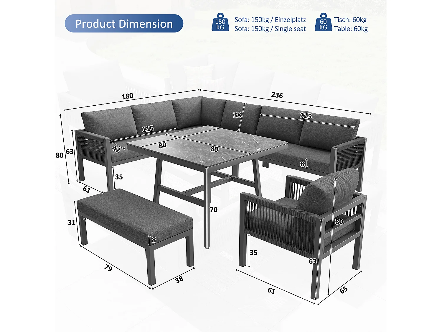 Salon de jardin, ensemble de meubles en rotin PE pour 6-7 personnes - cordage - canapé d'angle - en fer galvanisé - tables - fauteuils - banc, gris