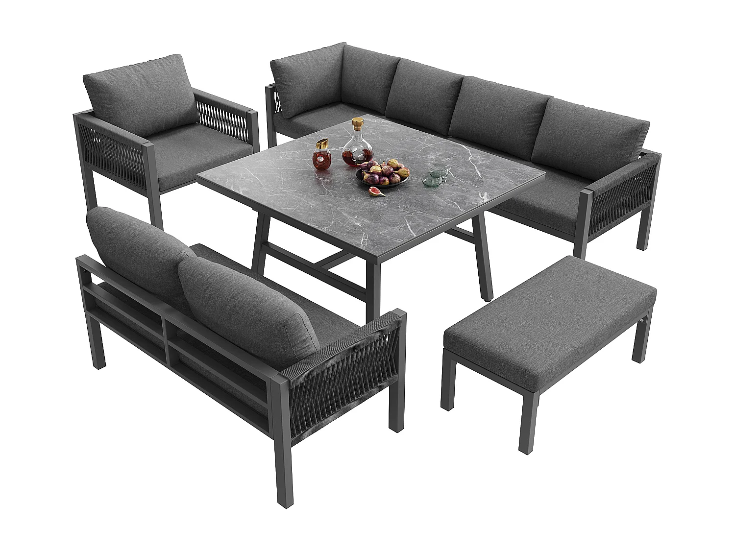 Salon de jardin, ensemble de meubles en rotin PE pour 6-7 personnes - cordage - canapé d'angle - en fer galvanisé - tables - fauteuils - banc, gris