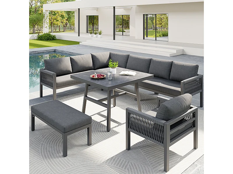 Salon de jardin, ensemble de meubles en rotin PE pour 6-7 personnes - cordage - canapé d'angle - en fer galvanisé - tables - fauteuils - banc, gris