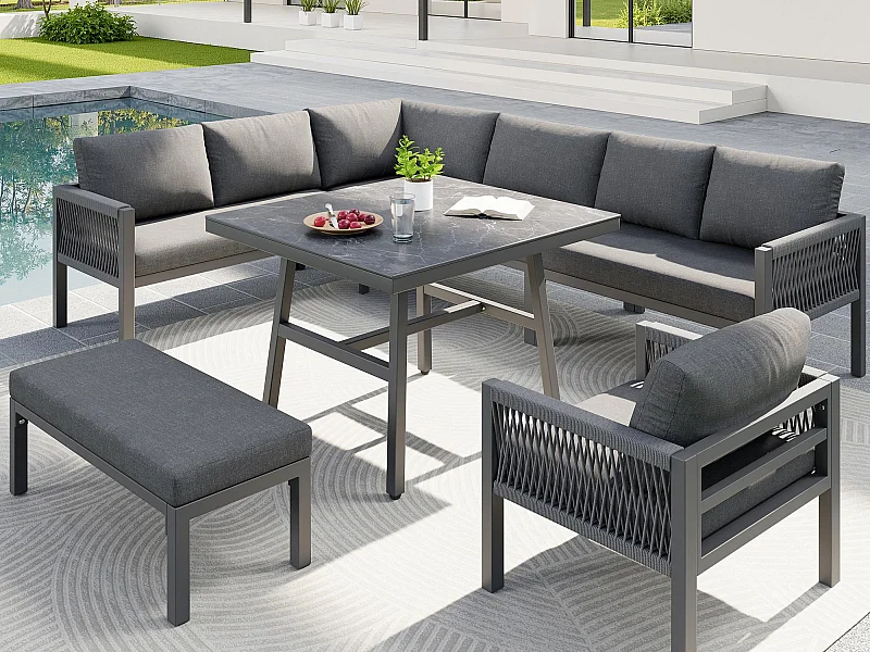 Salón de jardín, conjunto de muebles en ratán PE para 6-7 personas - cordaje - sofá de esquina - en hierro galvanizado - mesas - sillones - banco, gris