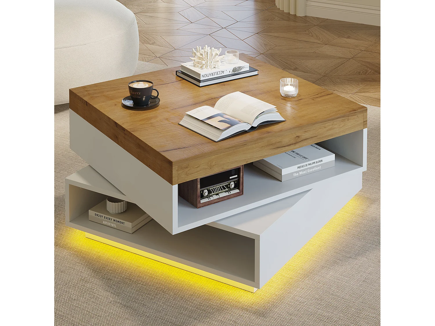 Drehbarer quadratischer Beistelltisch 65x65x40 cm - 360° drehbarer Tischplatte - LED-Beleuchtung und Stauraum - MDF - Weiß + Natur