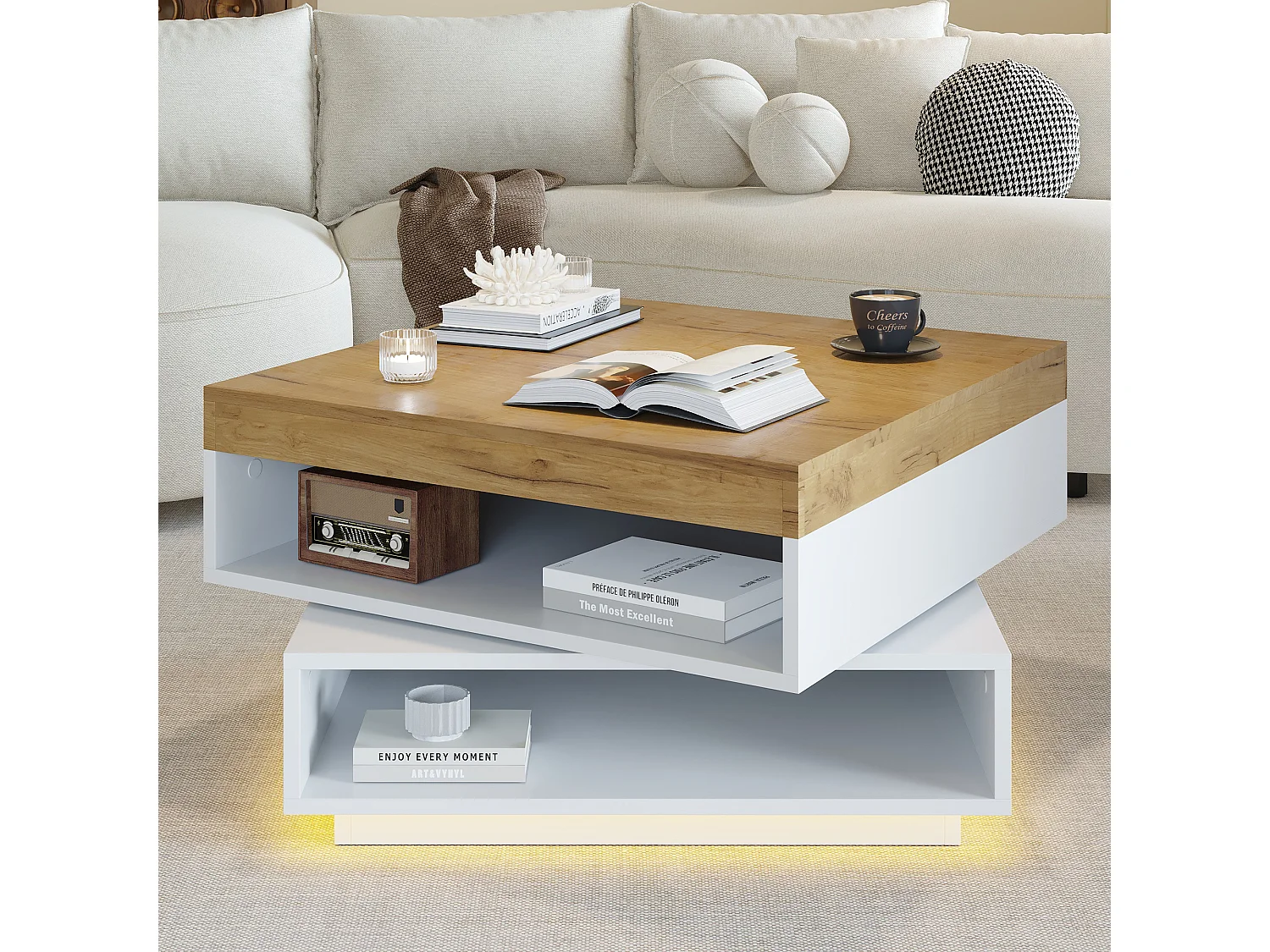 Drehbarer quadratischer Beistelltisch 65x65x40 cm - 360° drehbarer Tischplatte - LED-Beleuchtung und Stauraum - MDF - Weiß + Natur