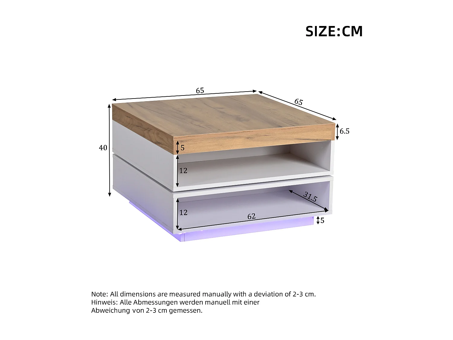 Drehbarer quadratischer Beistelltisch 65x65x40 cm - 360° drehbarer Tischplatte - LED-Beleuchtung und Stauraum - MDF - Weiß + Natur