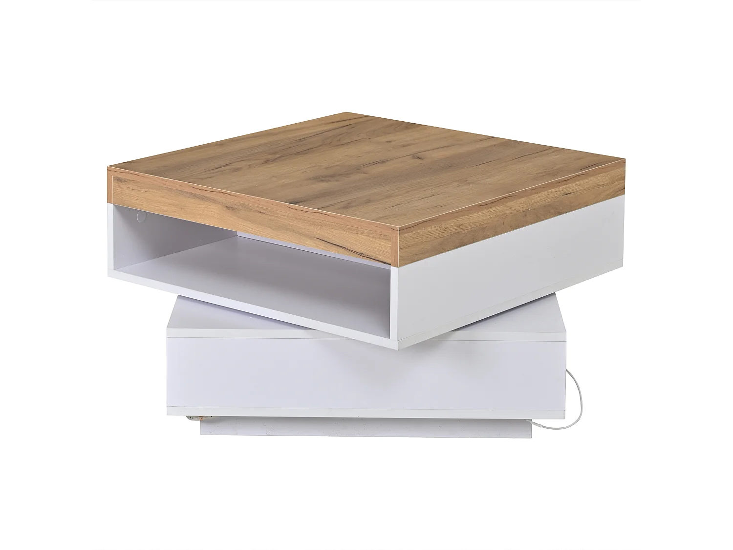 Drehbarer quadratischer Beistelltisch 65x65x40 cm - 360° drehbarer Tischplatte - LED-Beleuchtung und Stauraum - MDF - Weiß + Natur