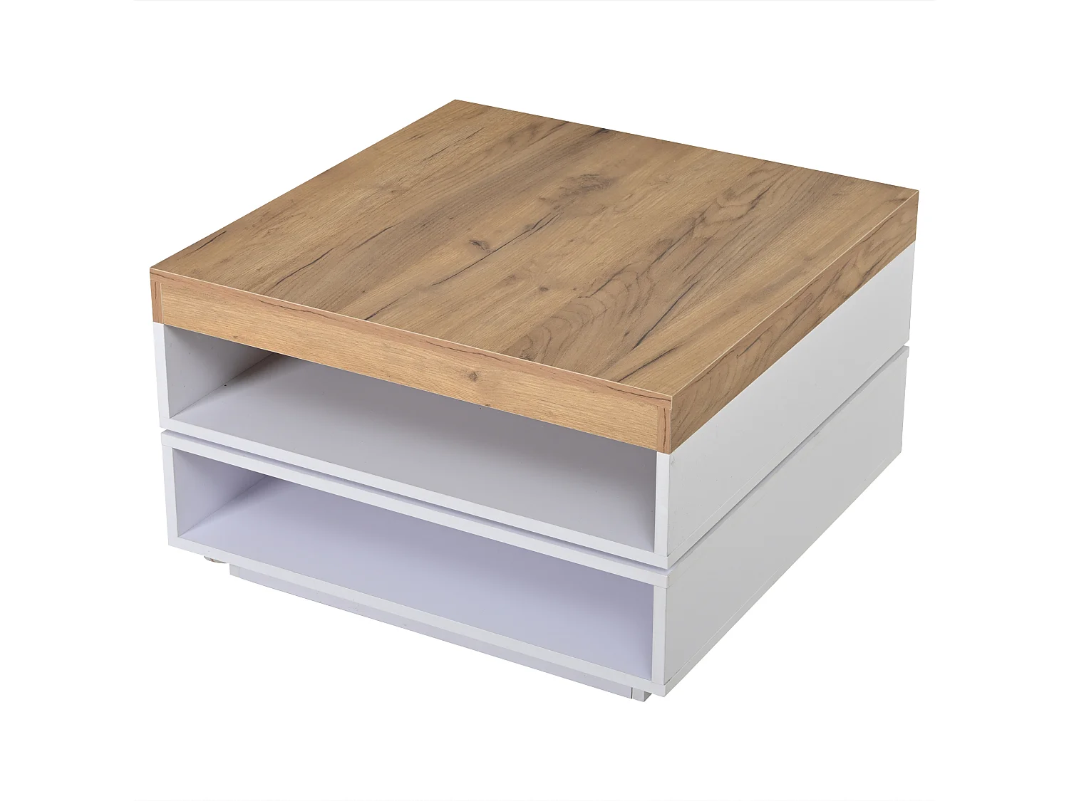 Drehbarer quadratischer Beistelltisch 65x65x40 cm - 360° drehbarer Tischplatte - LED-Beleuchtung und Stauraum - MDF - Weiß + Natur