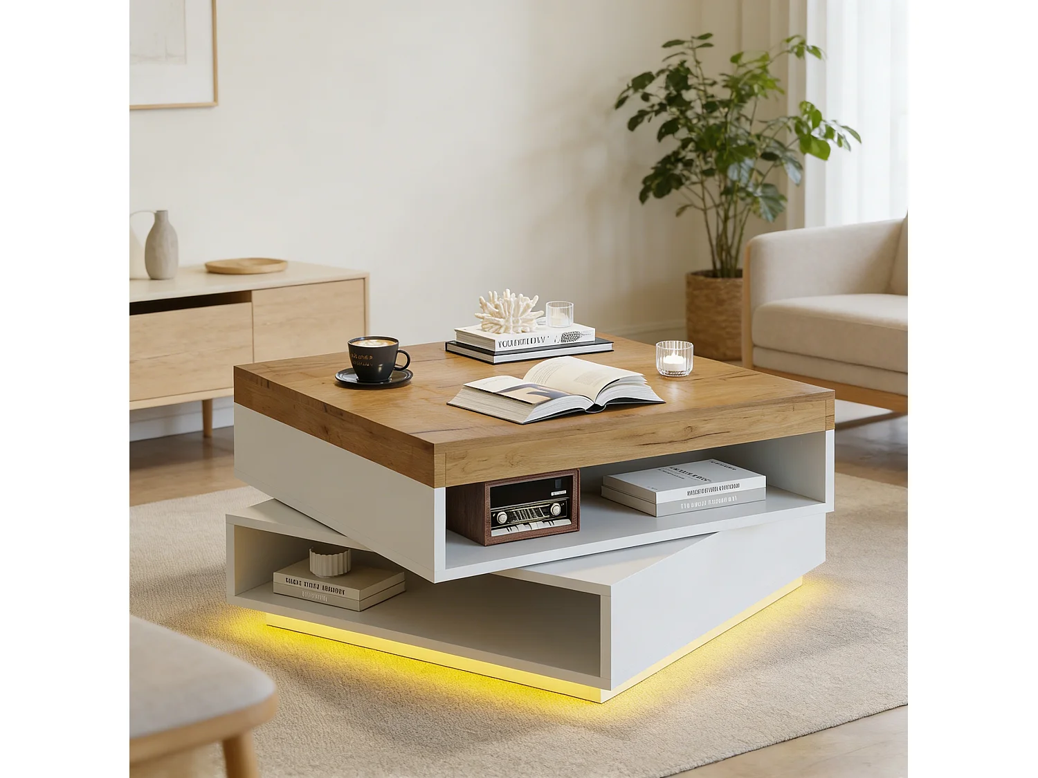 Drehbarer quadratischer Beistelltisch 65x65x40 cm - 360° drehbarer Tischplatte - LED-Beleuchtung und Stauraum - MDF - Weiß + Natur