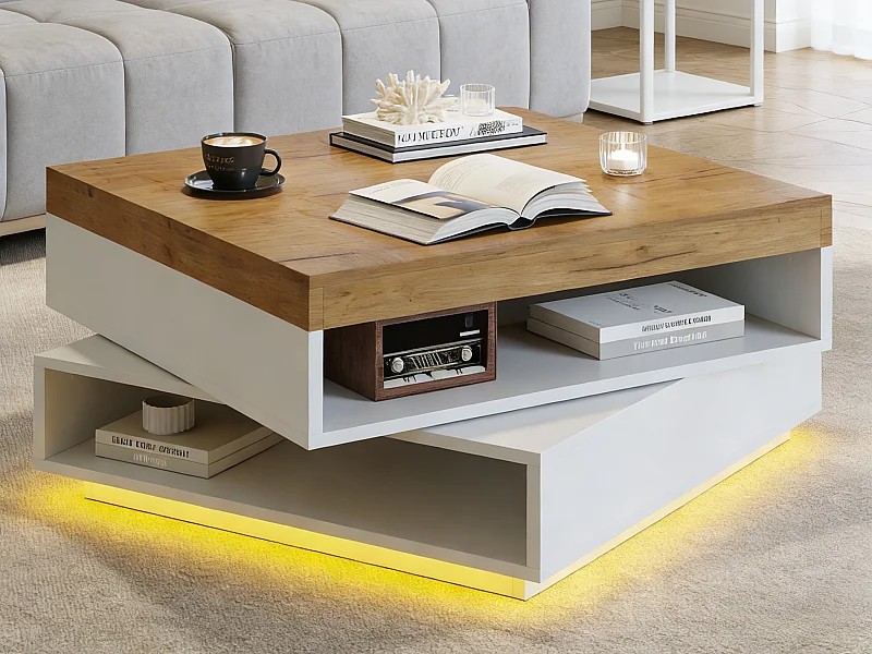 Drehbarer quadratischer Beistelltisch 65x65x40 cm - 360° drehbarer Tischplatte - LED-Beleuchtung und Stauraum - MDF - Weiß + Natur