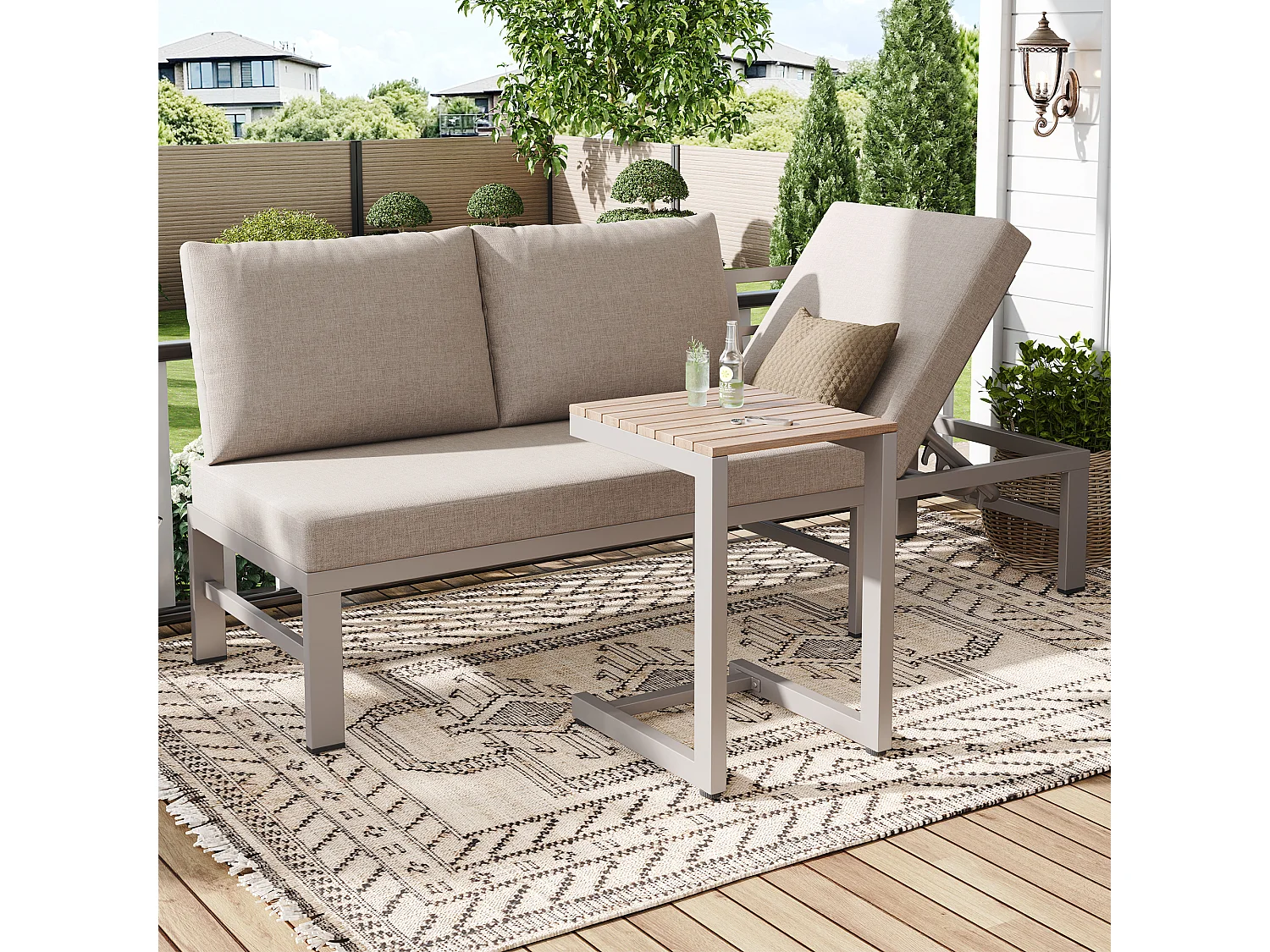 Salon de jardin -3 places - en acier galvanisé - canapé - 1 table d'appoint - plateau en bois plastique - Beige