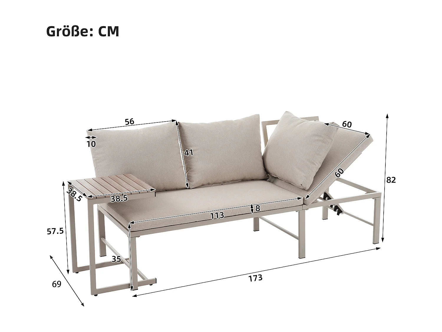 Salon de jardin -3 places - en acier galvanisé - canapé - 1 table d'appoint - plateau en bois plastique - Beige