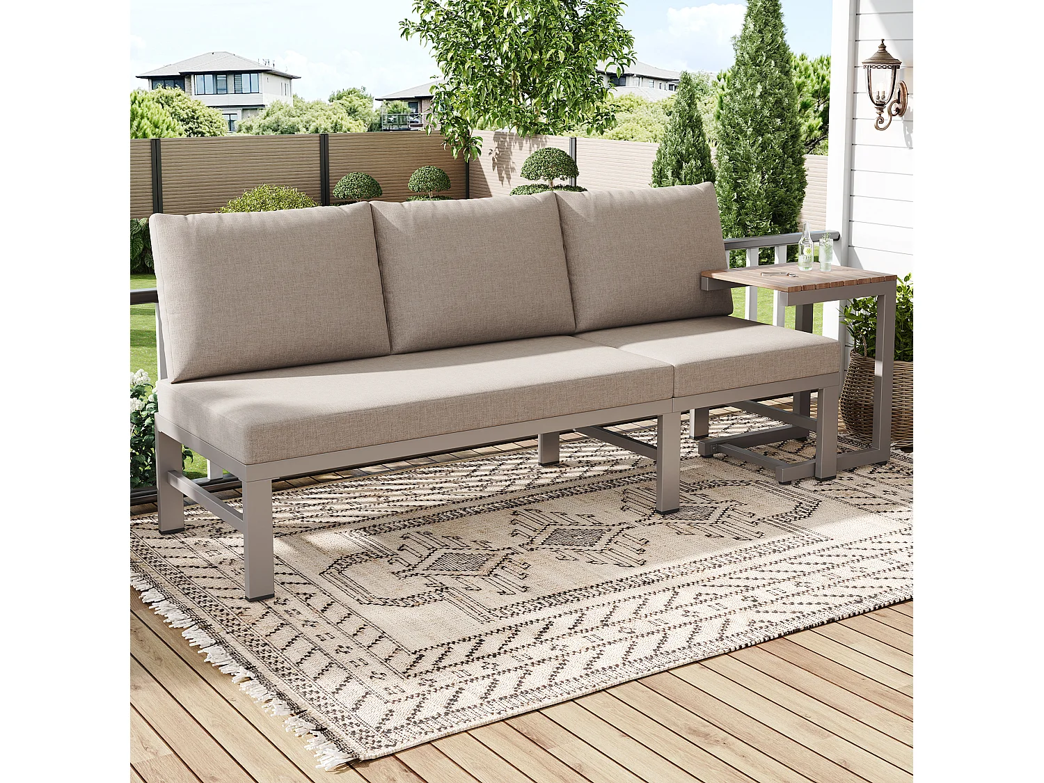 Salon de jardin -3 places - en acier galvanisé - canapé - 1 table d'appoint - plateau en bois plastique - Beige
