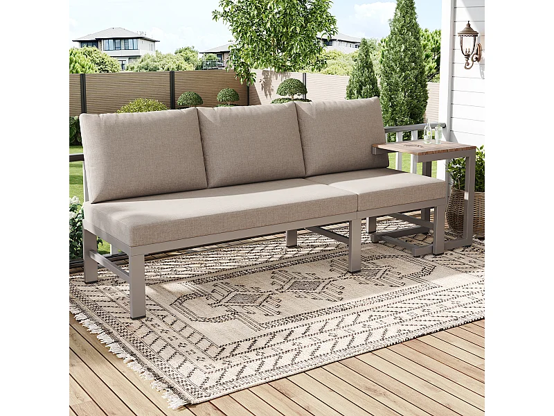 Salon de jardin -3 places - en acier galvanisé - canapé - 1 table d'appoint - plateau en bois plastique - Beige