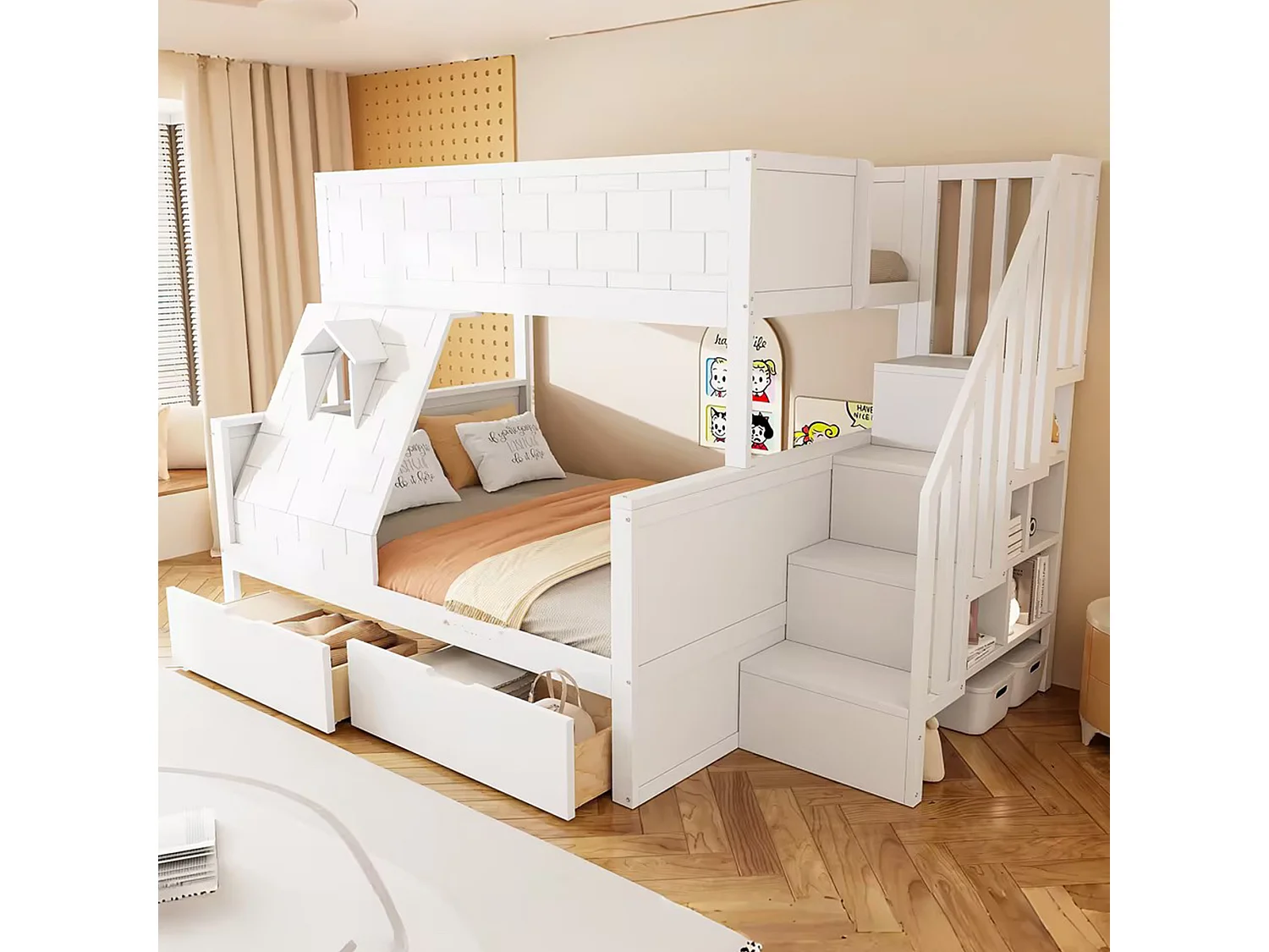 Lit superposé enfant 90 x 200 cm + 140 x 200 cm - avec échelle de sécurité - avec 2 tiroirs - avec compartiments de rangement - blanc (matelas non inclus)