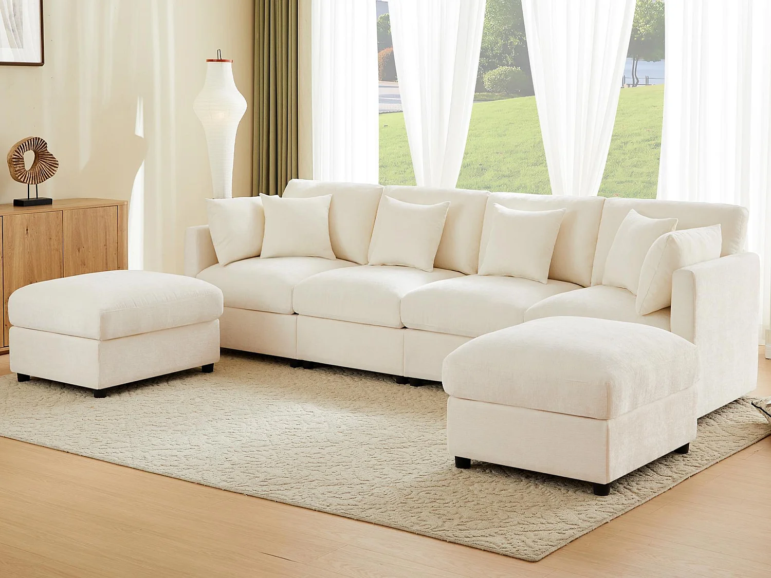Canapé d'angle en U ou en L - 4 places - avec 2 poufs - accoudoirs réglables - avec 4 coussins + 2 appuie-têtes - beige