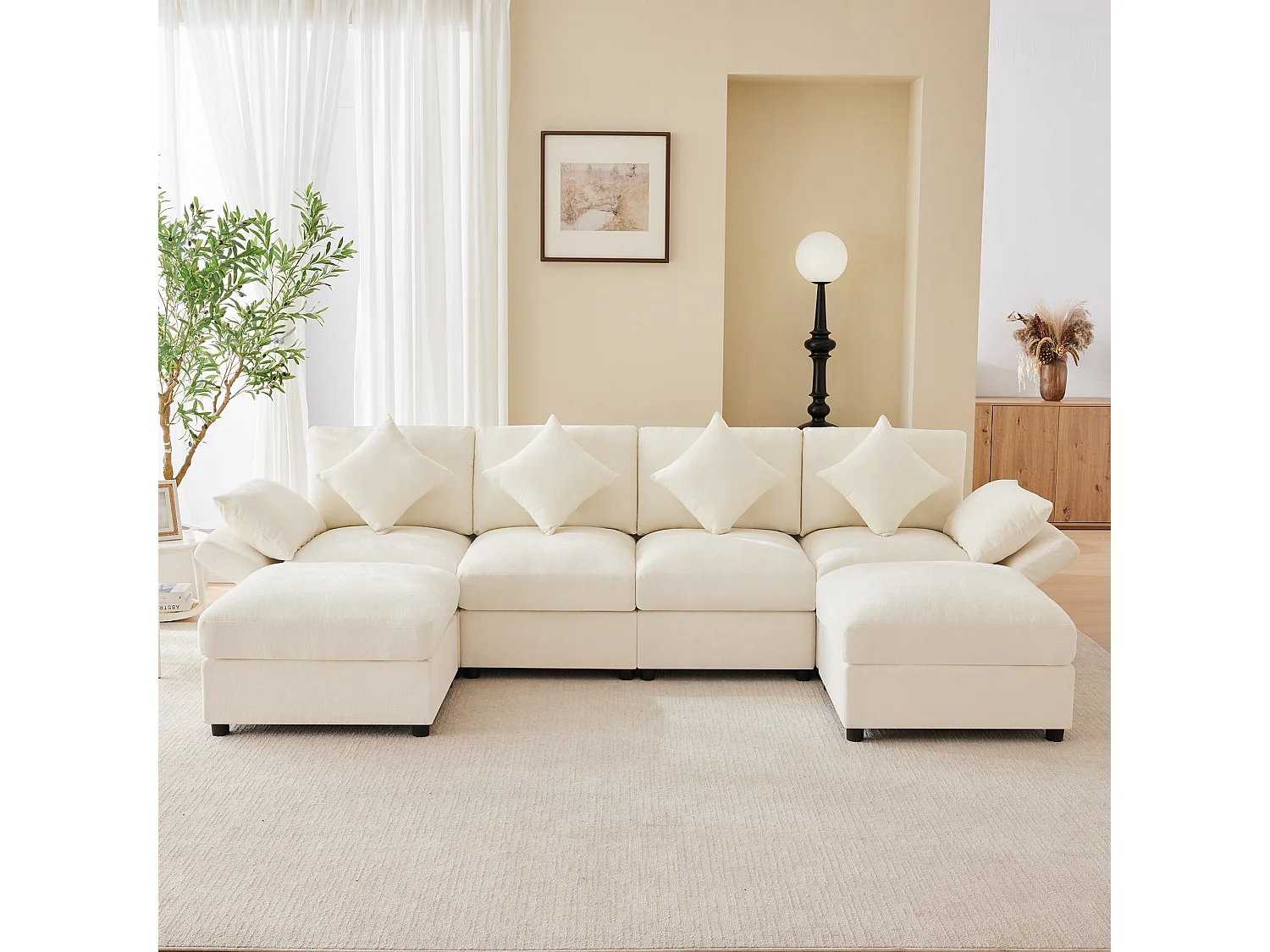 Canapé d'angle en U ou en L - 4 places - avec 2 poufs - accoudoirs réglables - avec 4 coussins + 2 appuie-têtes - beige