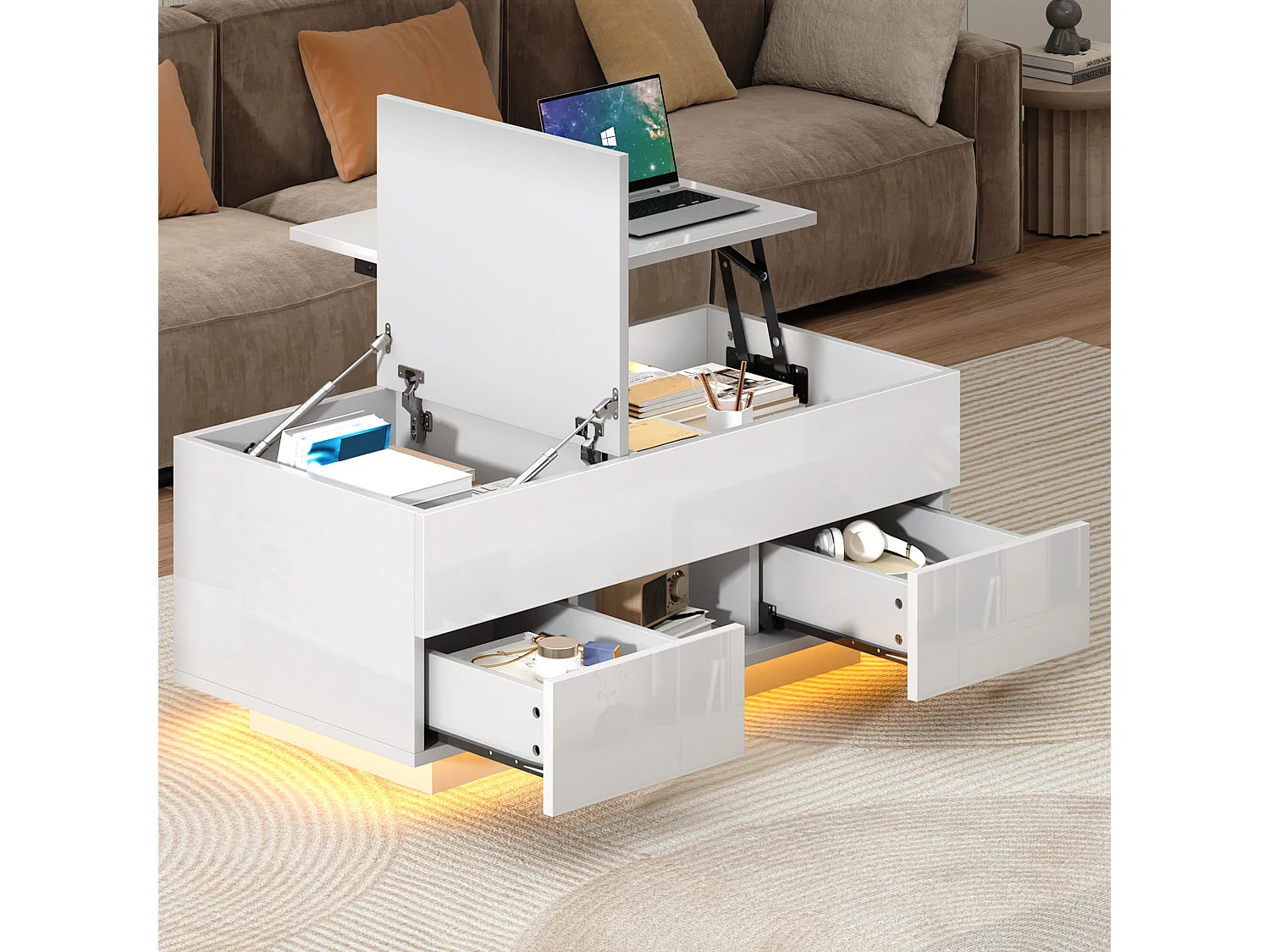 Höhenverstellbarer Beistelltisch 100x45x43 cm - Mit 2 Schubladen und LED-Beleuchtung - Glänzende Oberfläche - Spanplatten - Weiß