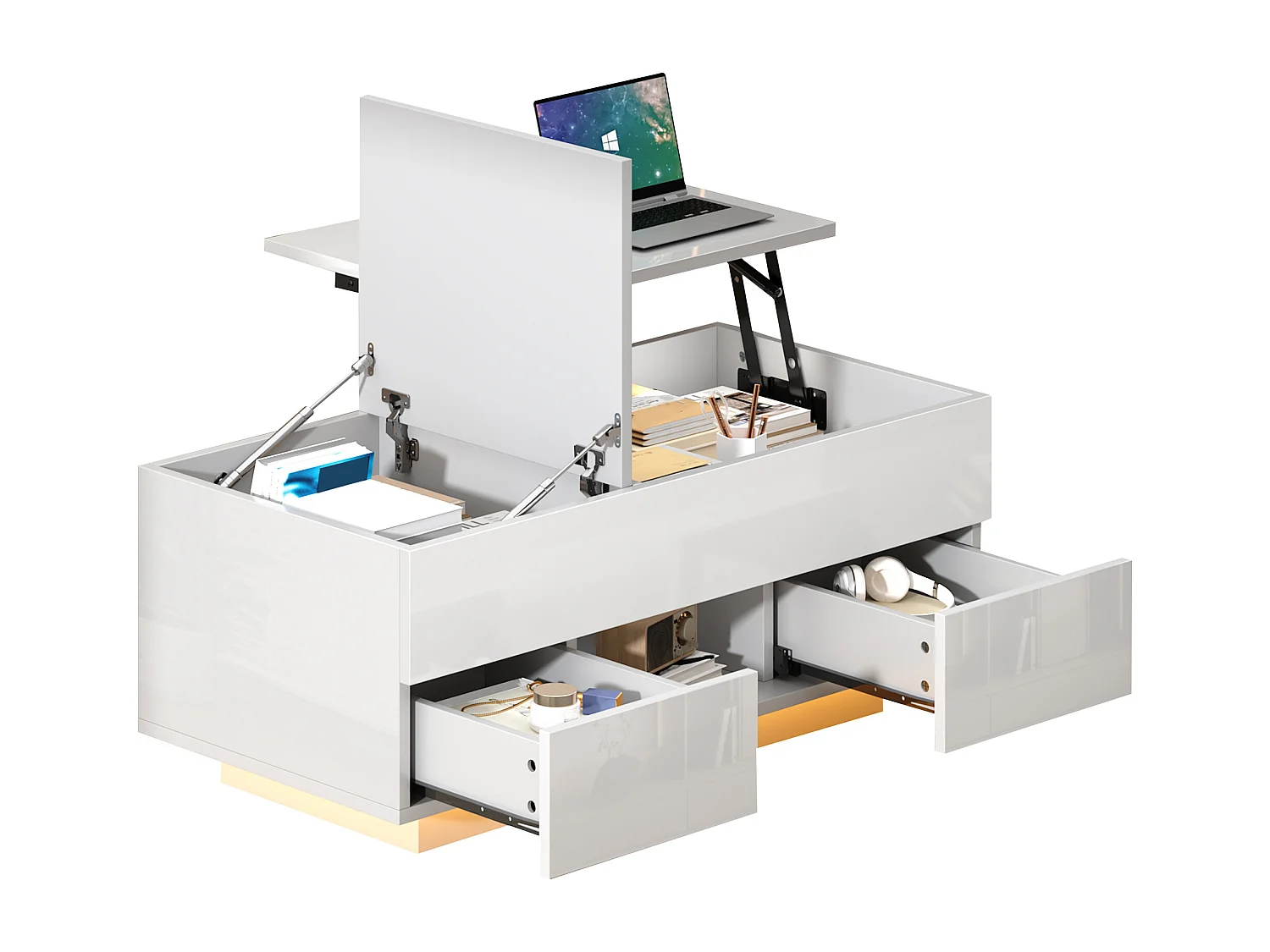 Höhenverstellbarer Beistelltisch 100x45x43 cm - Mit 2 Schubladen und LED-Beleuchtung - Glänzende Oberfläche - Spanplatten - Weiß