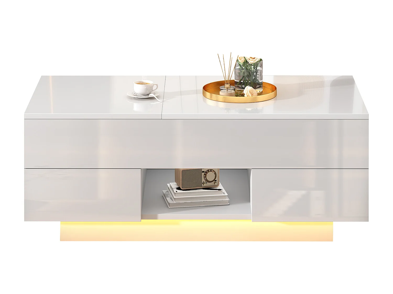 Höhenverstellbarer Beistelltisch 100x45x43 cm - Mit 2 Schubladen und LED-Beleuchtung - Glänzende Oberfläche - Spanplatten - Weiß