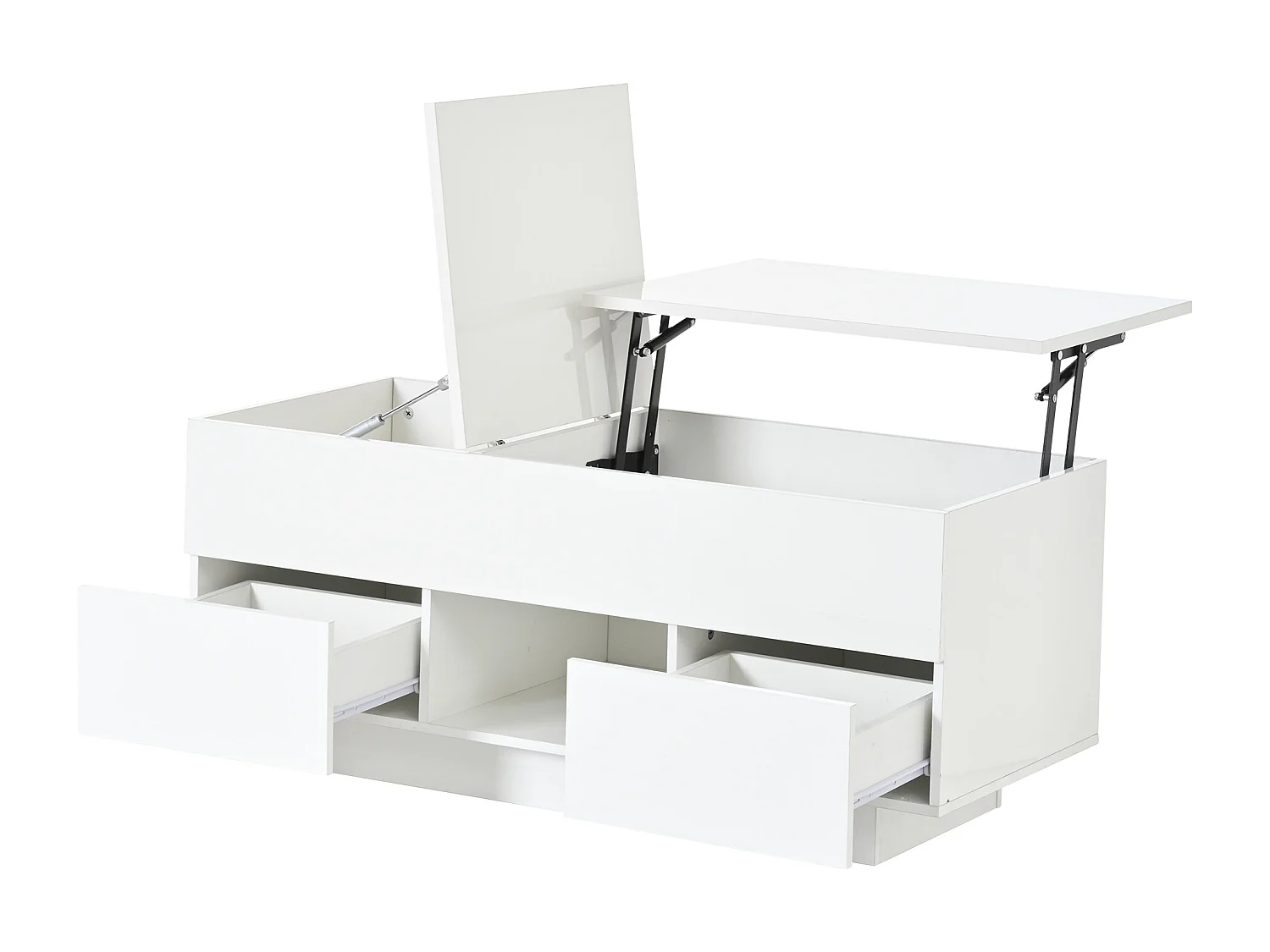 Höhenverstellbarer Beistelltisch 100x45x43 cm - Mit 2 Schubladen und LED-Beleuchtung - Glänzende Oberfläche - Spanplatten - Weiß