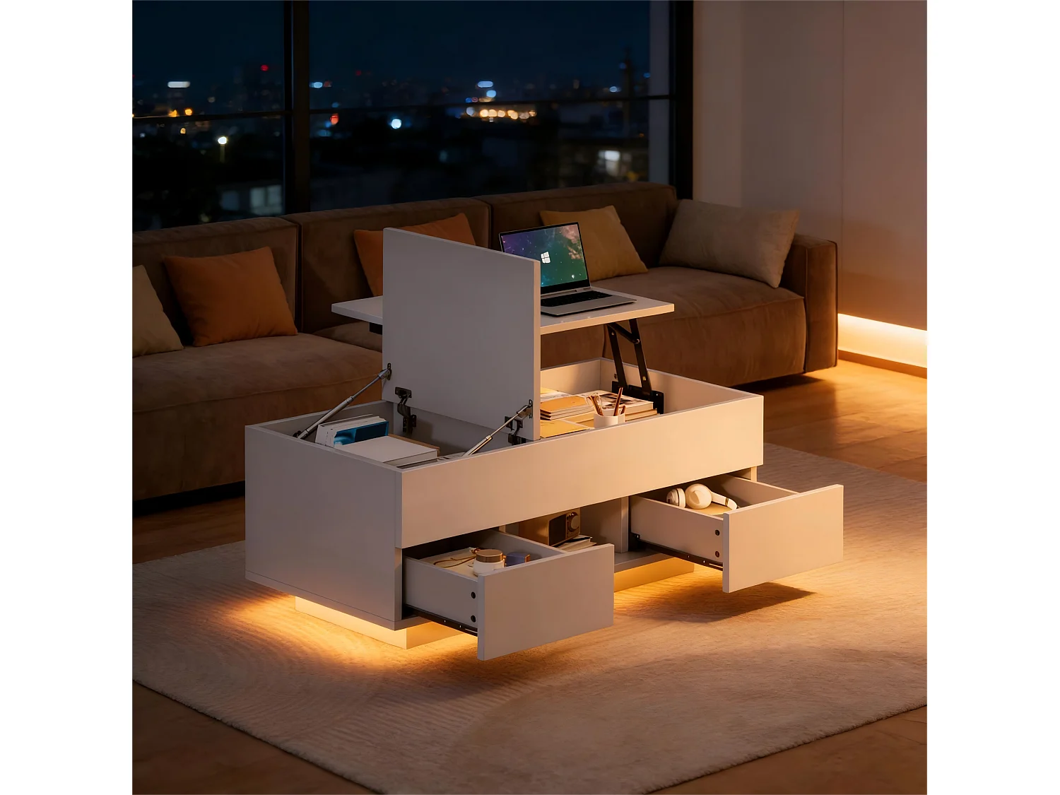 Höhenverstellbarer Beistelltisch 100x45x43 cm - Mit 2 Schubladen und LED-Beleuchtung - Glänzende Oberfläche - Spanplatten - Weiß