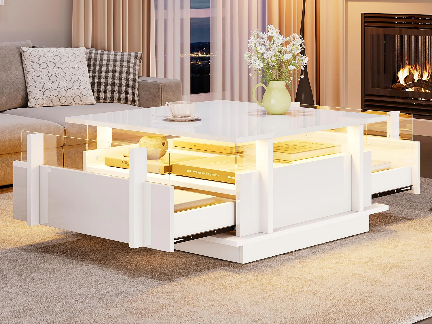 Quadratischer Hochglanz-Beistelltisch 70x70x35 cm - mit 2 Schubladen - LED-Beleuchtung und Acrylregal - Spanplatten - weiß