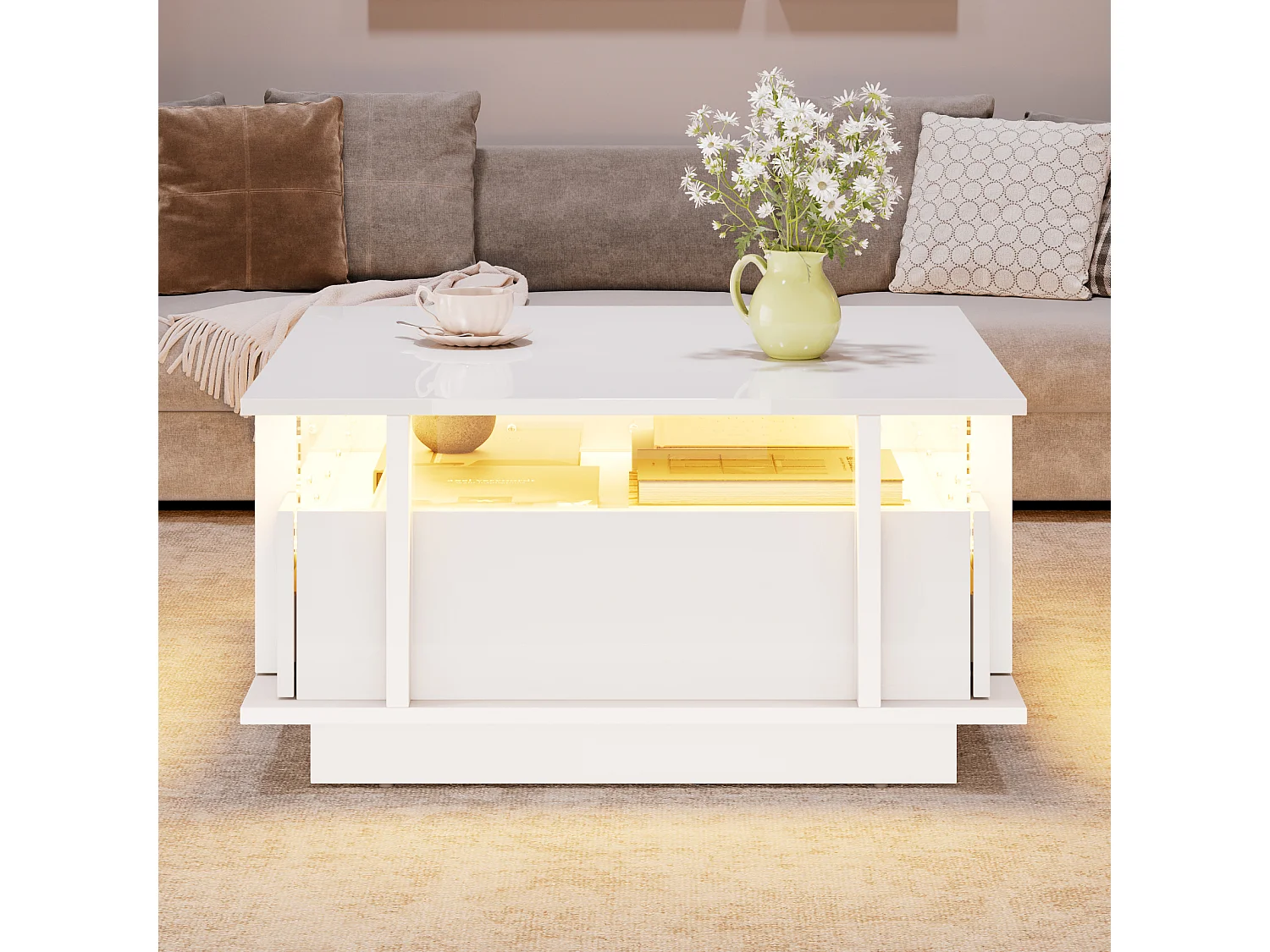 Quadratischer Hochglanz-Beistelltisch 70x70x35 cm - mit 2 Schubladen - LED-Beleuchtung und Acrylregal - Spanplatten - weiß