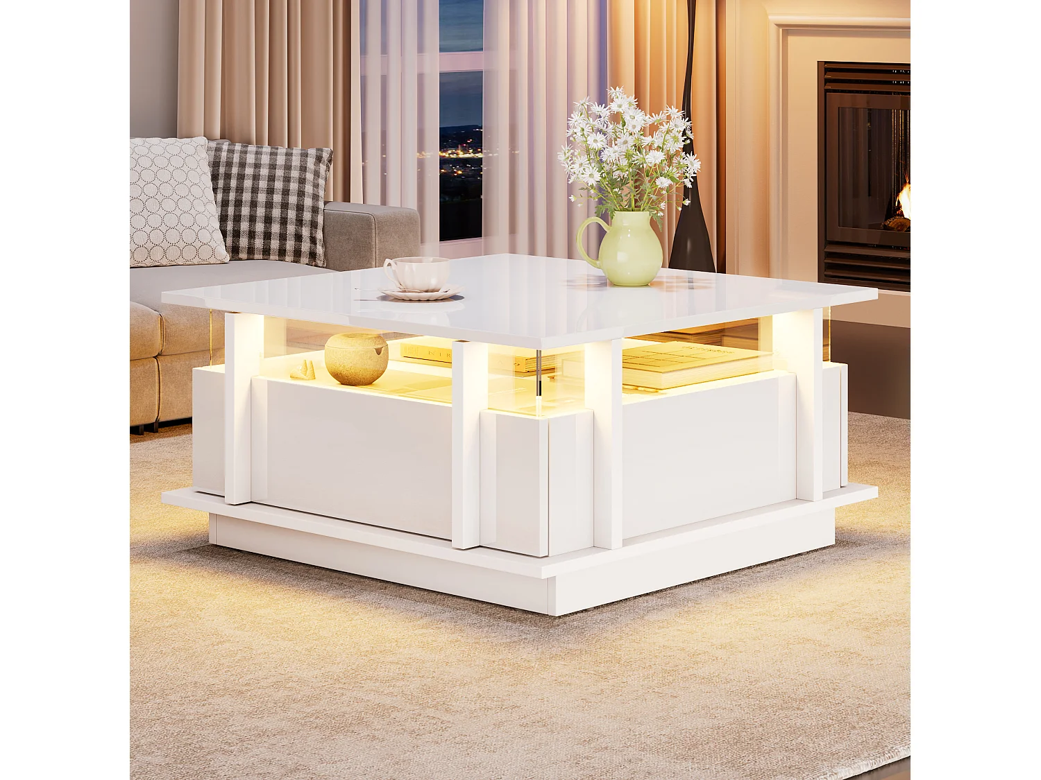 Quadratischer Hochglanz-Beistelltisch 70x70x35 cm - mit 2 Schubladen - LED-Beleuchtung und Acrylregal - Spanplatten - weiß