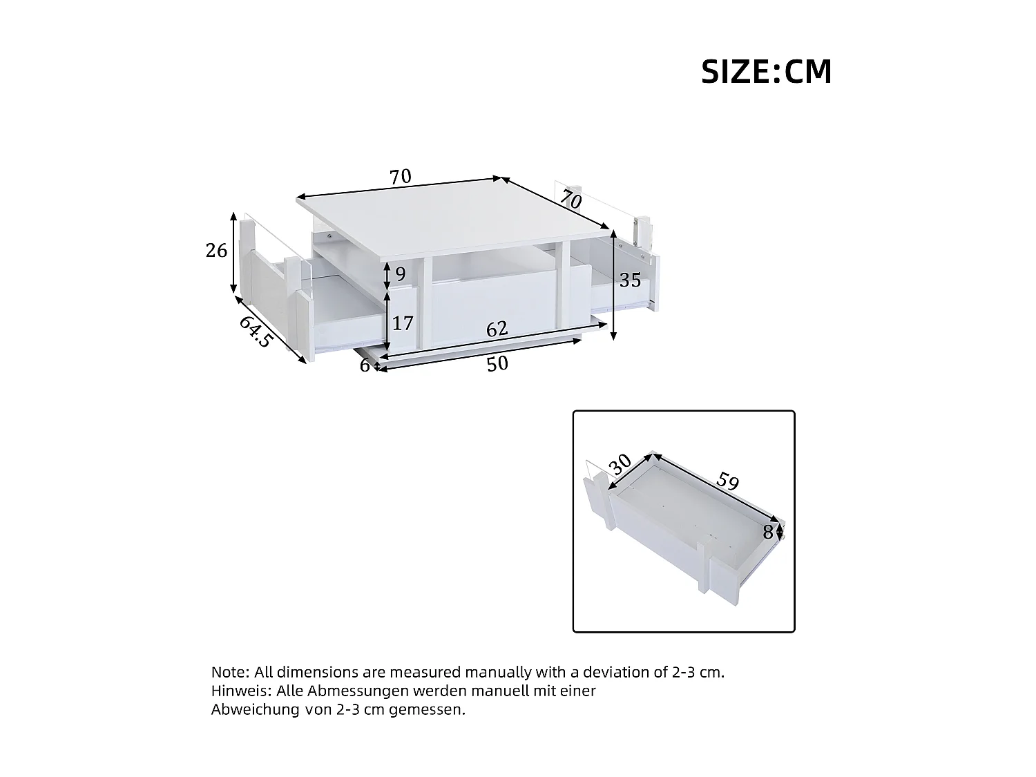 Quadratischer Hochglanz-Beistelltisch 70x70x35 cm - mit 2 Schubladen - LED-Beleuchtung und Acrylregal - Spanplatten - weiß