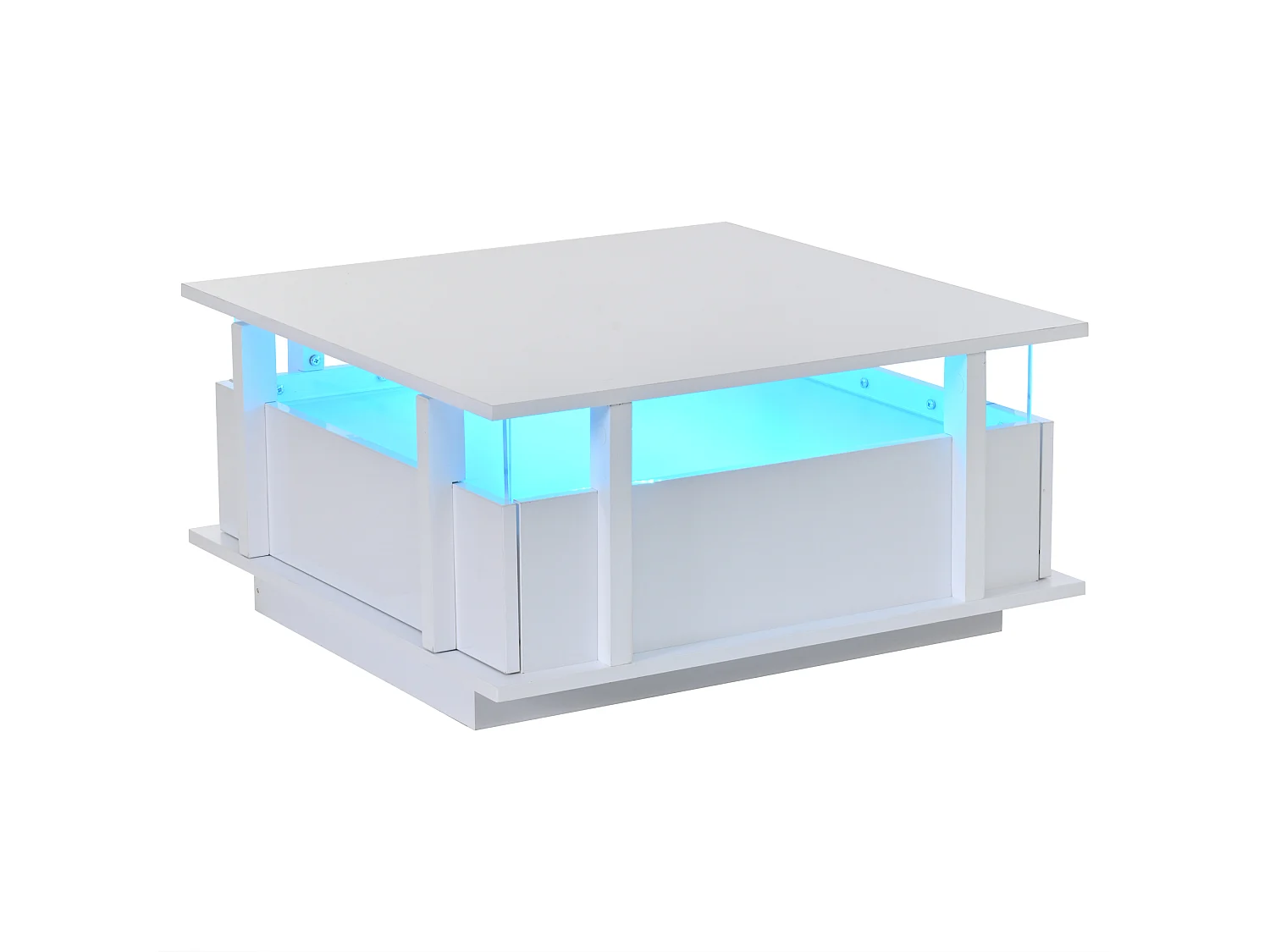 Quadratischer Hochglanz-Beistelltisch 70x70x35 cm - mit 2 Schubladen - LED-Beleuchtung und Acrylregal - Spanplatten - weiß