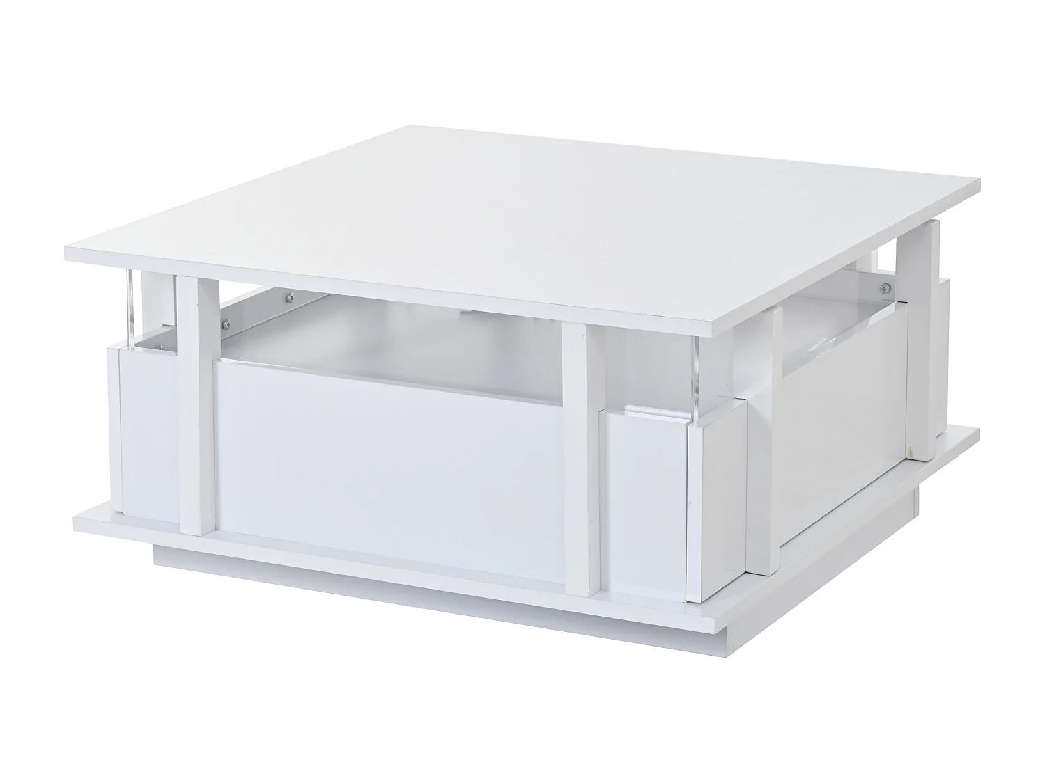 Quadratischer Hochglanz-Beistelltisch 70x70x35 cm - mit 2 Schubladen - LED-Beleuchtung und Acrylregal - Spanplatten - weiß