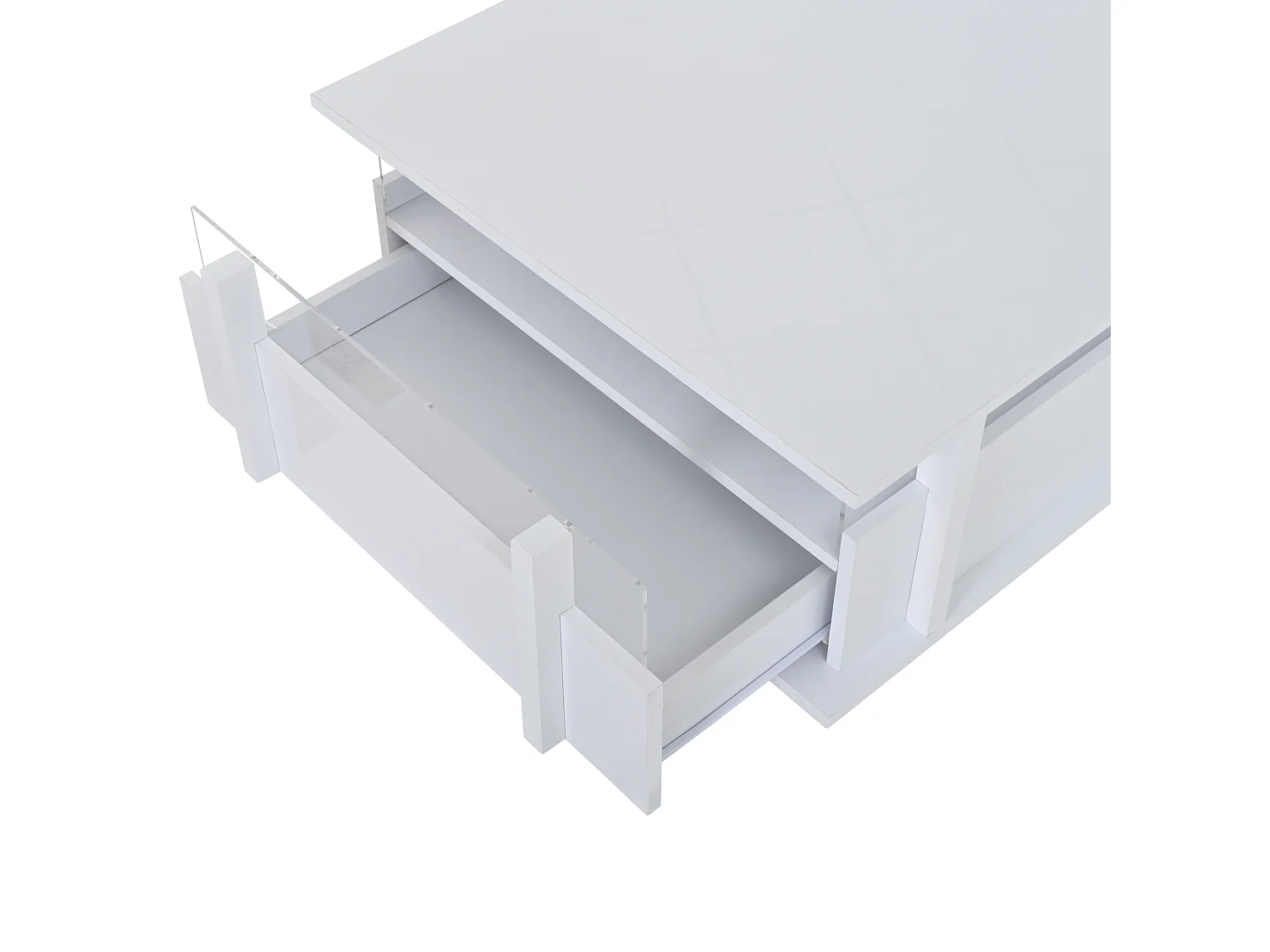 Quadratischer Hochglanz-Beistelltisch 70x70x35 cm - mit 2 Schubladen - LED-Beleuchtung und Acrylregal - Spanplatten - weiß