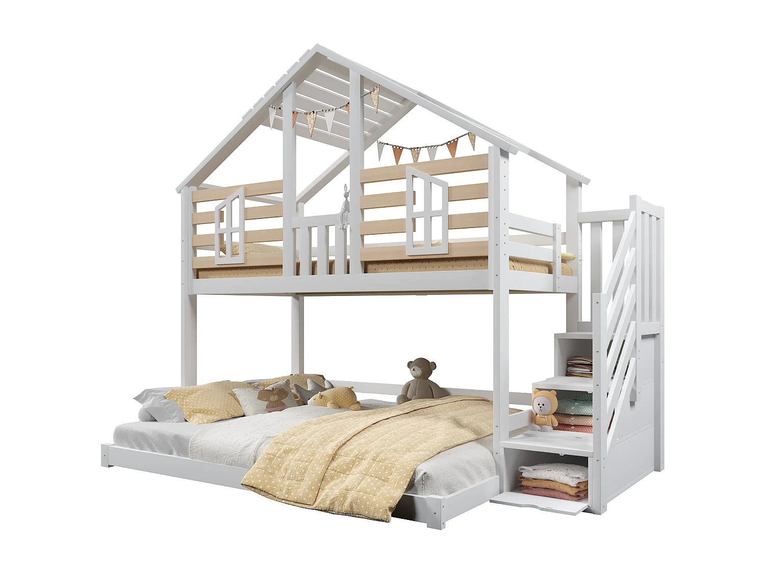 Lit superposé 90x200cm + 140x200cm - avec échelle de rangement - demi-cadre - blanc + naturel (matelas non inclus)