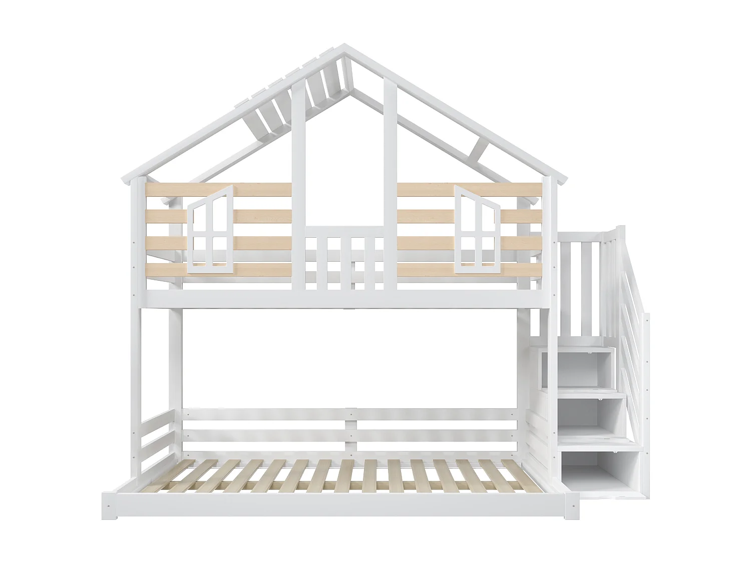 Lit superposé 90x200cm + 140x200cm - avec échelle de rangement - demi-cadre - blanc + naturel (matelas non inclus)