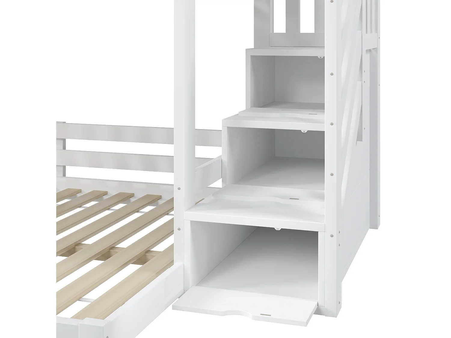 Lit superposé 90x200cm + 140x200cm - avec échelle de rangement - demi-cadre - blanc + naturel (matelas non inclus)