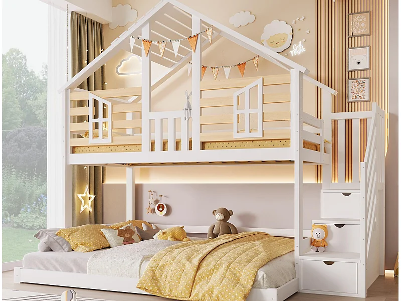 Lit superposé 90x200cm + 140x200cm - avec échelle de rangement - demi-cadre - blanc + naturel (matelas non inclus)