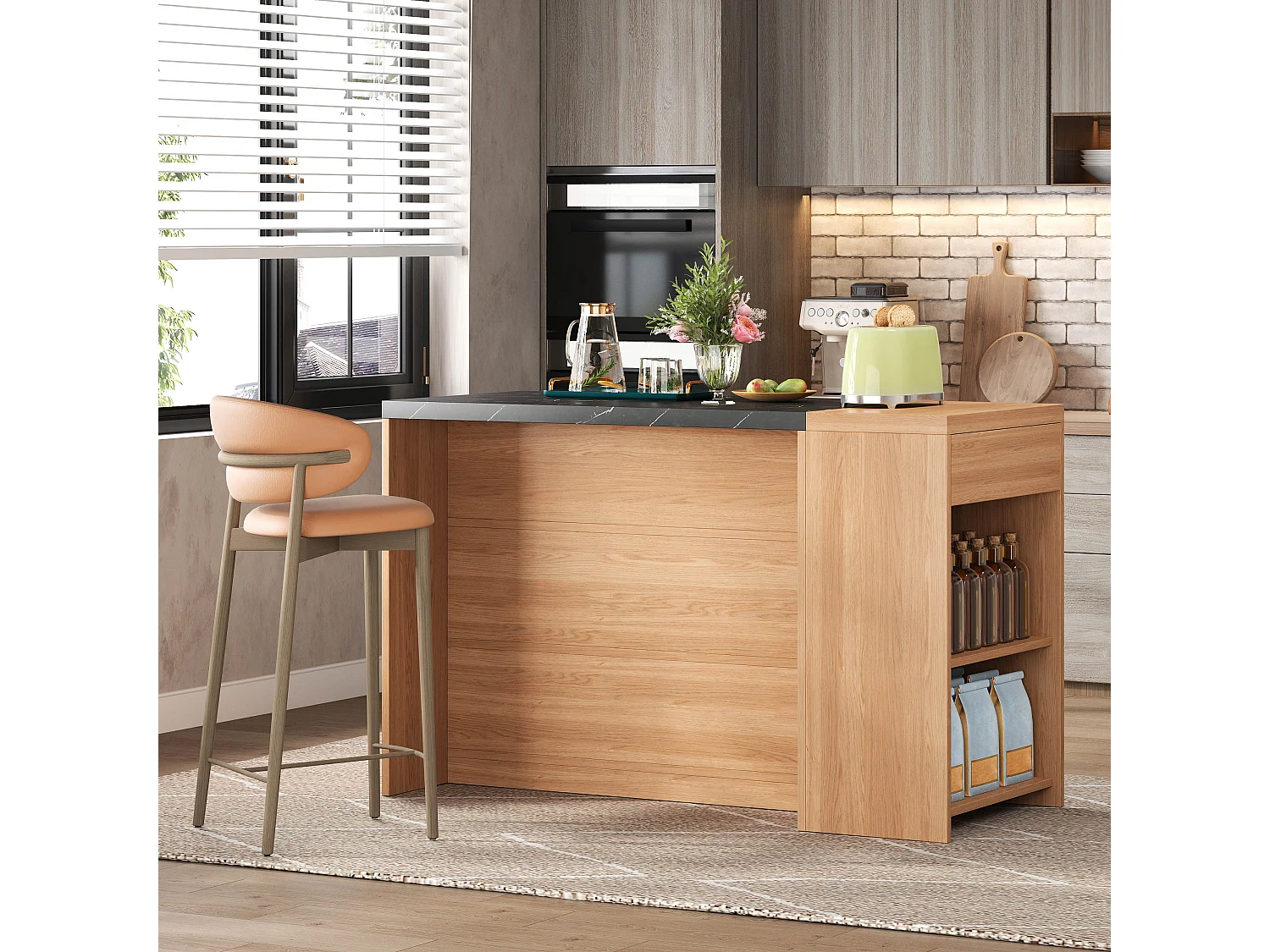 Ilot central de cuisine - avec 1 tiroir - grand espace de rangement - grain de bois et texture de marbre - Naturel + Noir