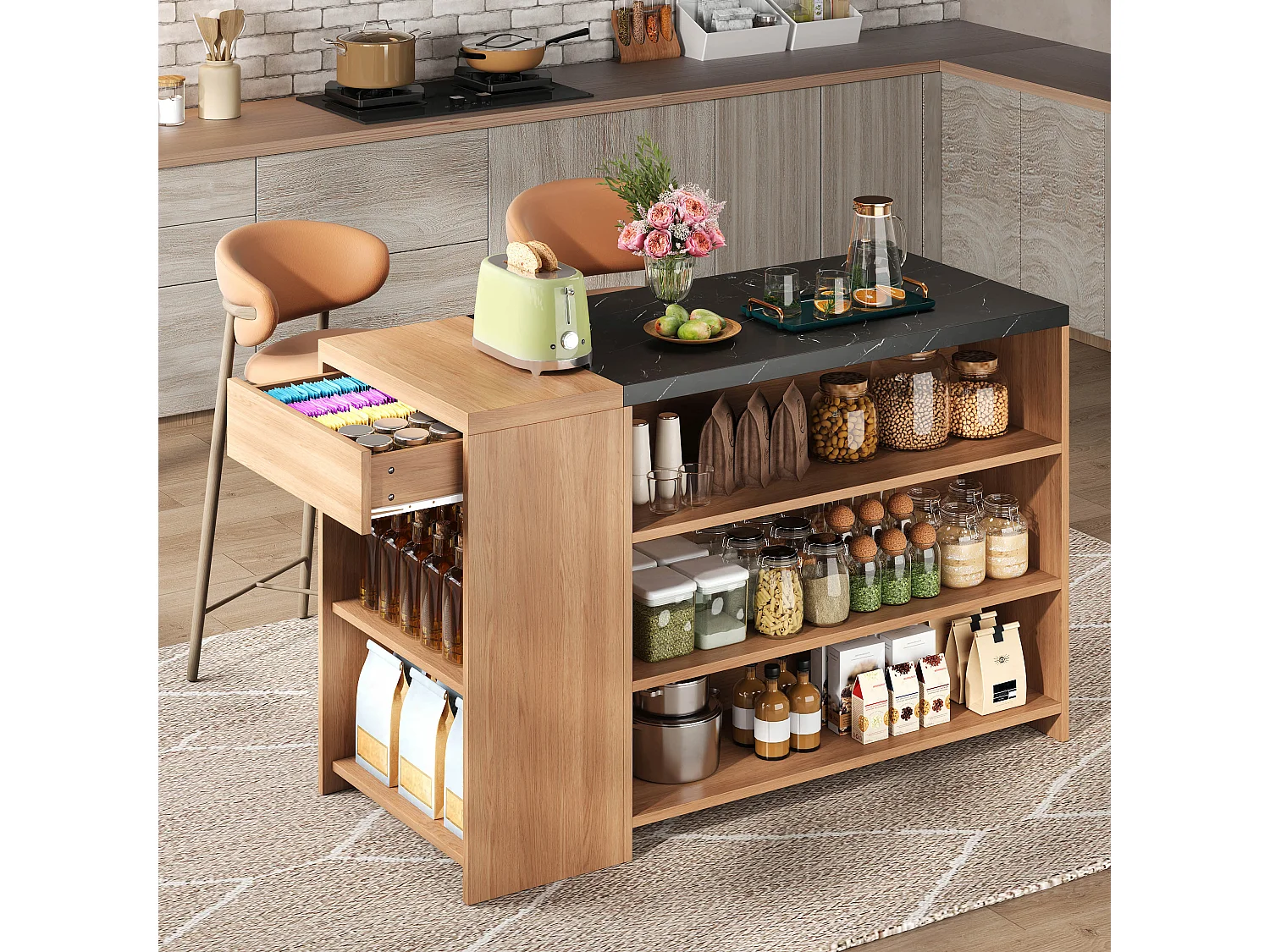 Ilot central de cuisine - avec 1 tiroir - grand espace de rangement - grain de bois et texture de marbre - Naturel + Noir