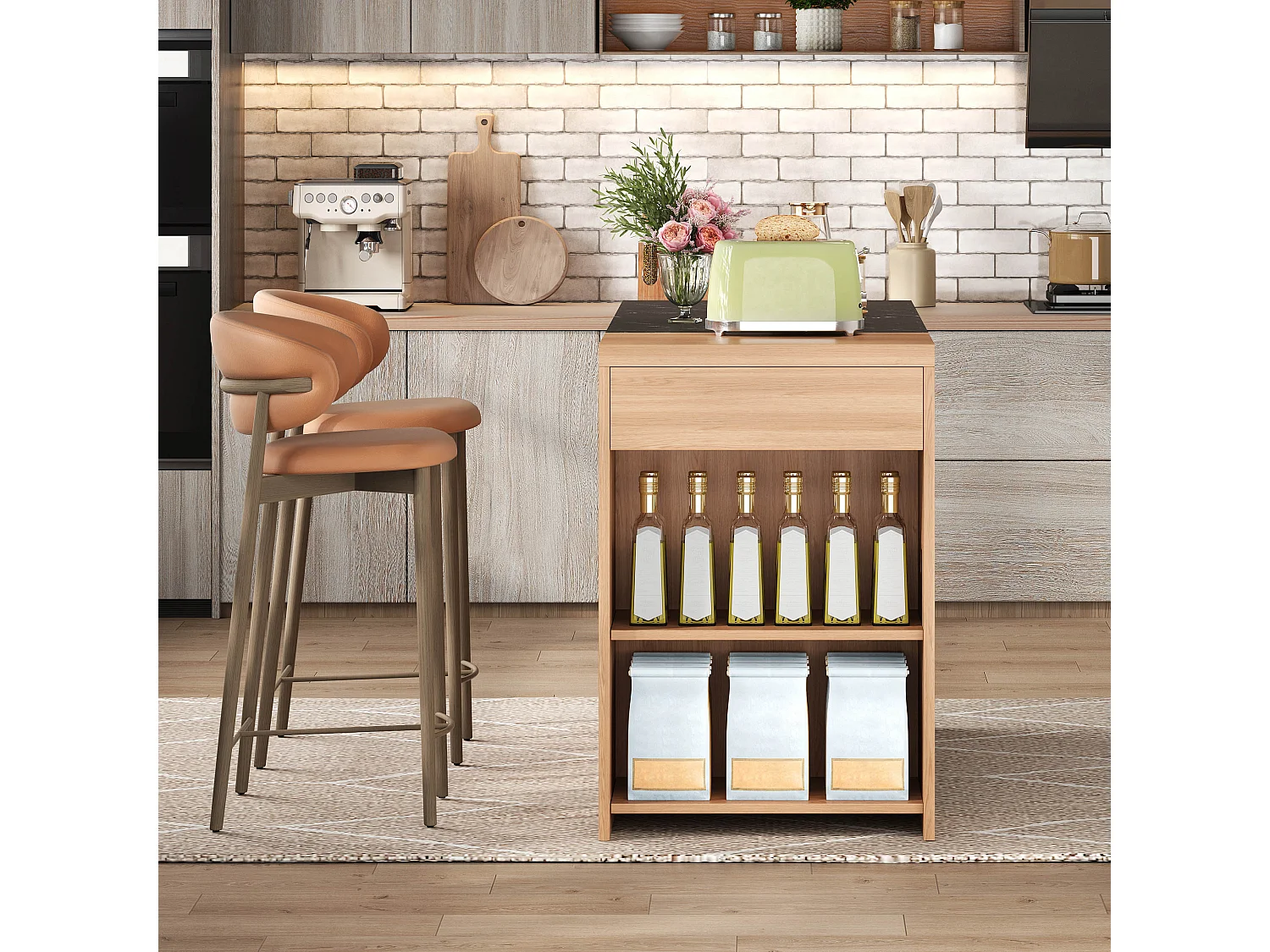 Ilot central de cuisine - avec 1 tiroir - grand espace de rangement - grain de bois et texture de marbre - Naturel + Noir