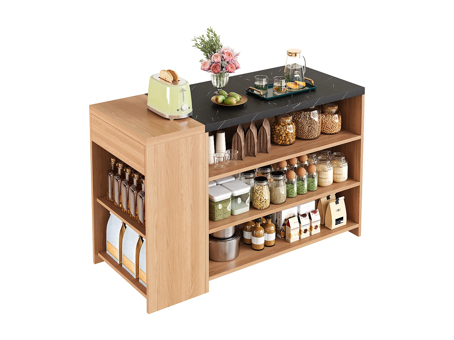 Ilot central de cuisine - avec 1 tiroir - grand espace de rangement - grain de bois et texture de marbre - Naturel + Noir