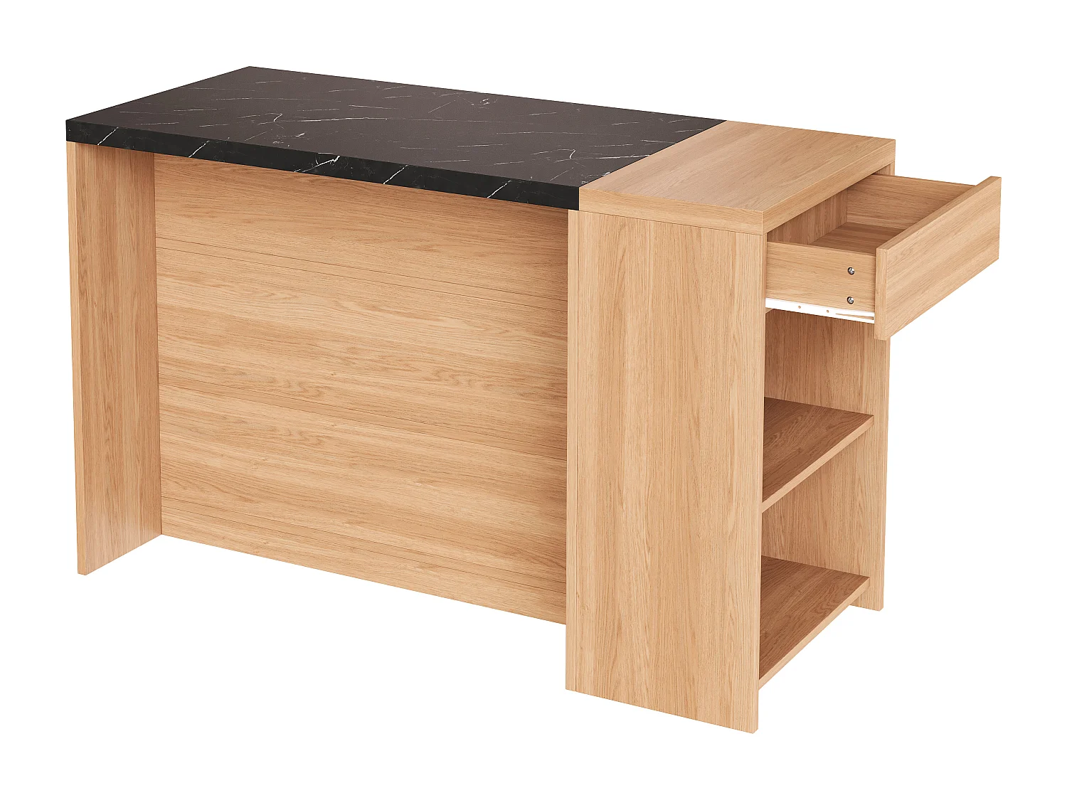 Ilot central de cuisine - avec 1 tiroir - grand espace de rangement - grain de bois et texture de marbre - Naturel + Noir