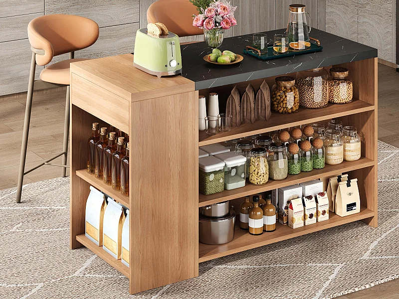 Ilot central de cuisine - avec 1 tiroir - grand espace de rangement - grain de bois et texture de marbre - Naturel + Noir