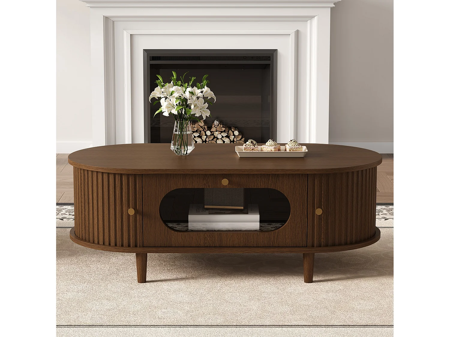 Beistelltisch aus Holzoptik-MDF 100x50x36 cm - 1 Schublade und 2 Schiebetüren - MDF - Braun