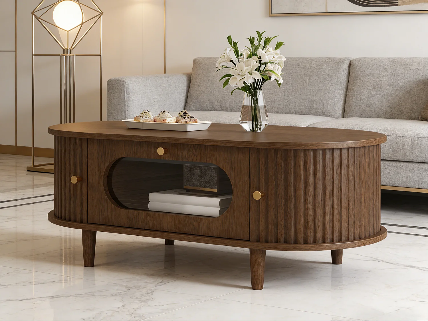 Beistelltisch aus Holzoptik-MDF 100x50x36 cm - 1 Schublade und 2 Schiebetüren - MDF - Braun