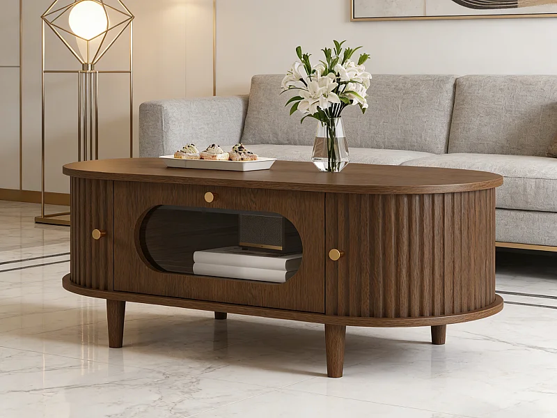 Beistelltisch aus Holzoptik-MDF 100x50x36 cm - 1 Schublade und 2 Schiebetüren - MDF - Braun