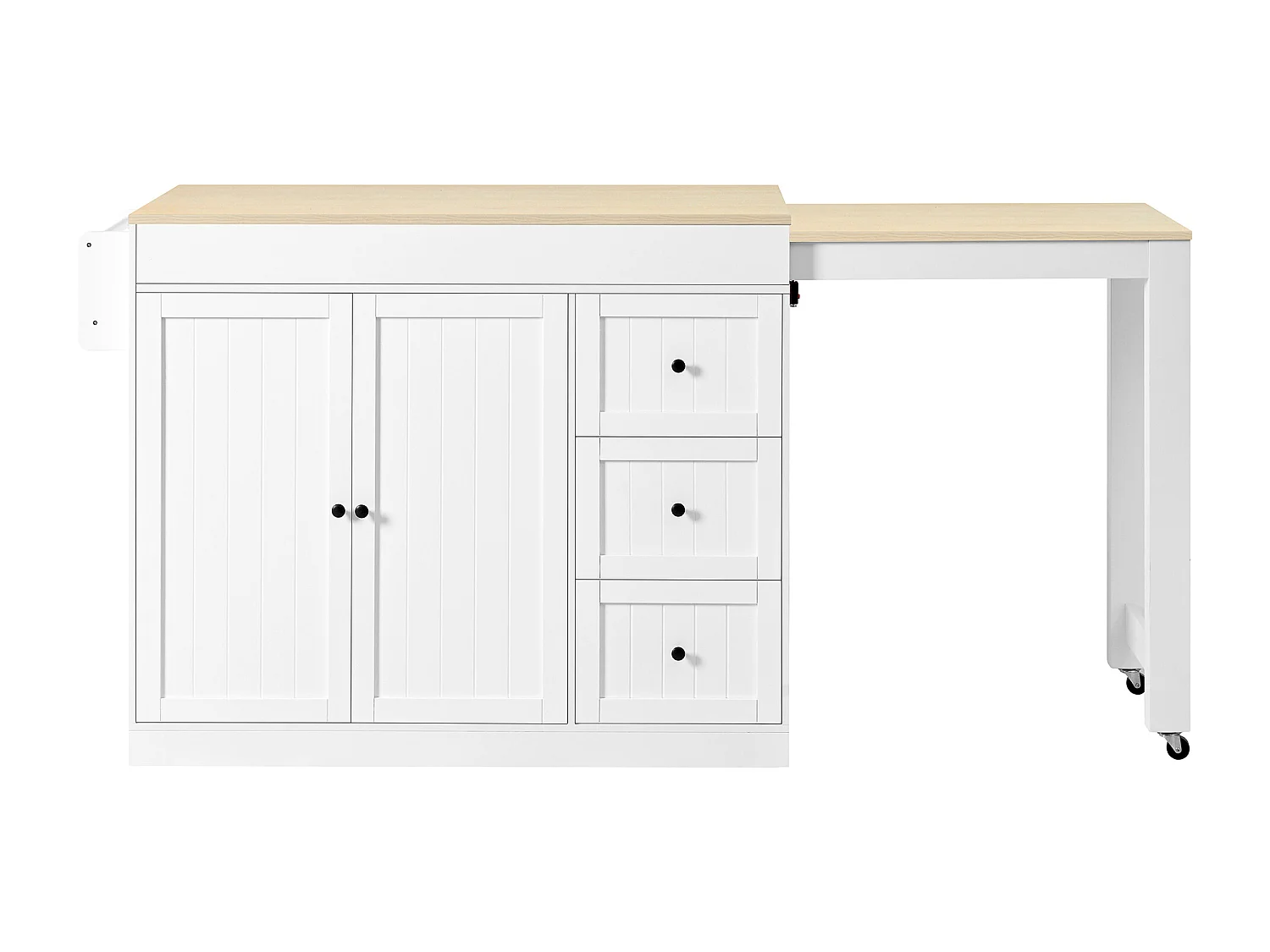 Centraal kookeiland - uitschuifbare eettafel - met 1 USB-poort en 1 Type-C-poort - met kruidenrek en wieltjes - Natuur + Wit