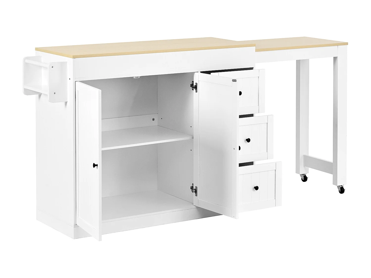 Centraal kookeiland - uitschuifbare eettafel - met 1 USB-poort en 1 Type-C-poort - met kruidenrek en wieltjes - Natuur + Wit