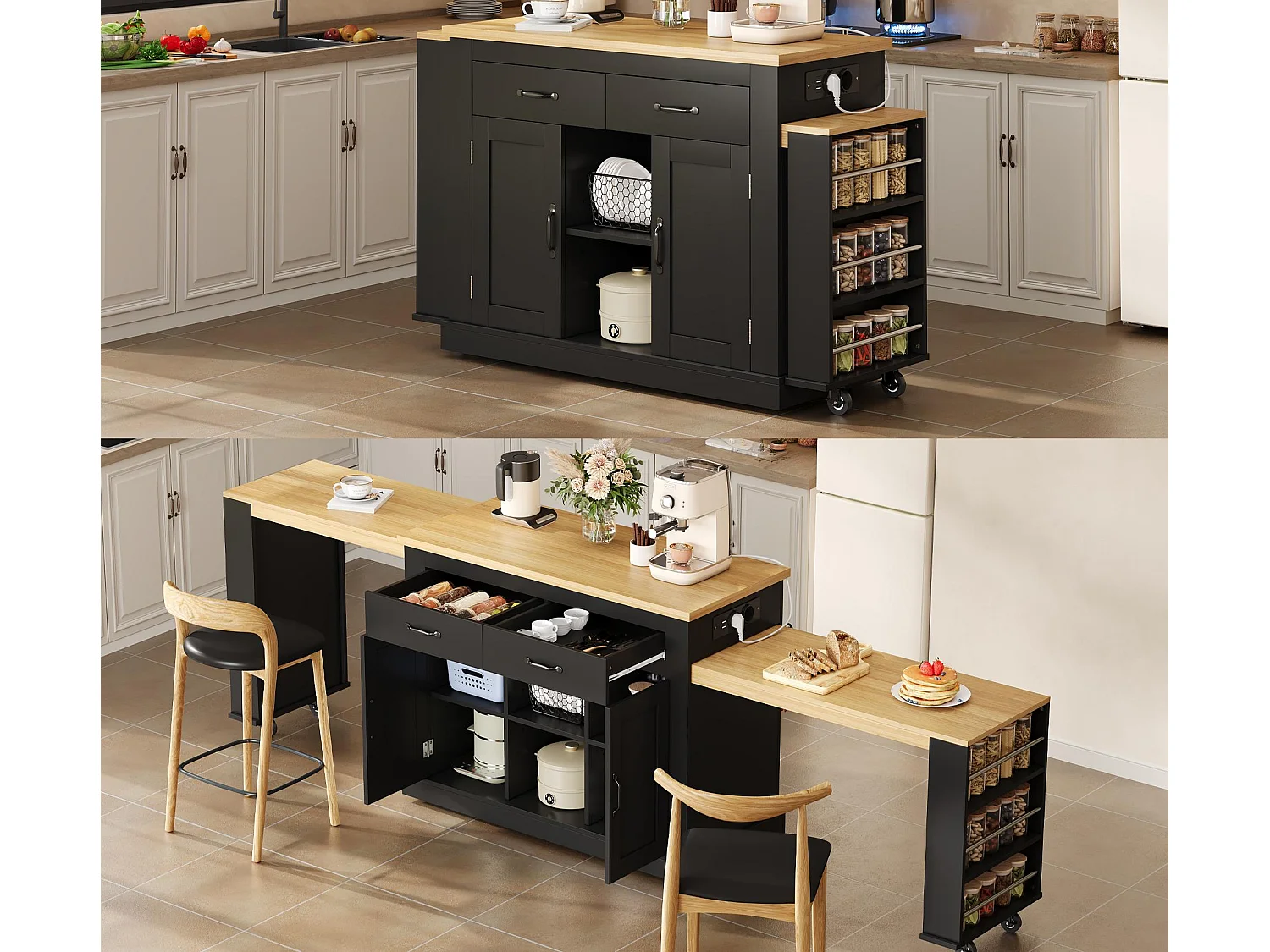 Centraal kookeiland - 2 uitschuifbare eettafels - met 2 stopcontacten en 2 USB-poorten - grote opbergruimte - Natuur + Zwart