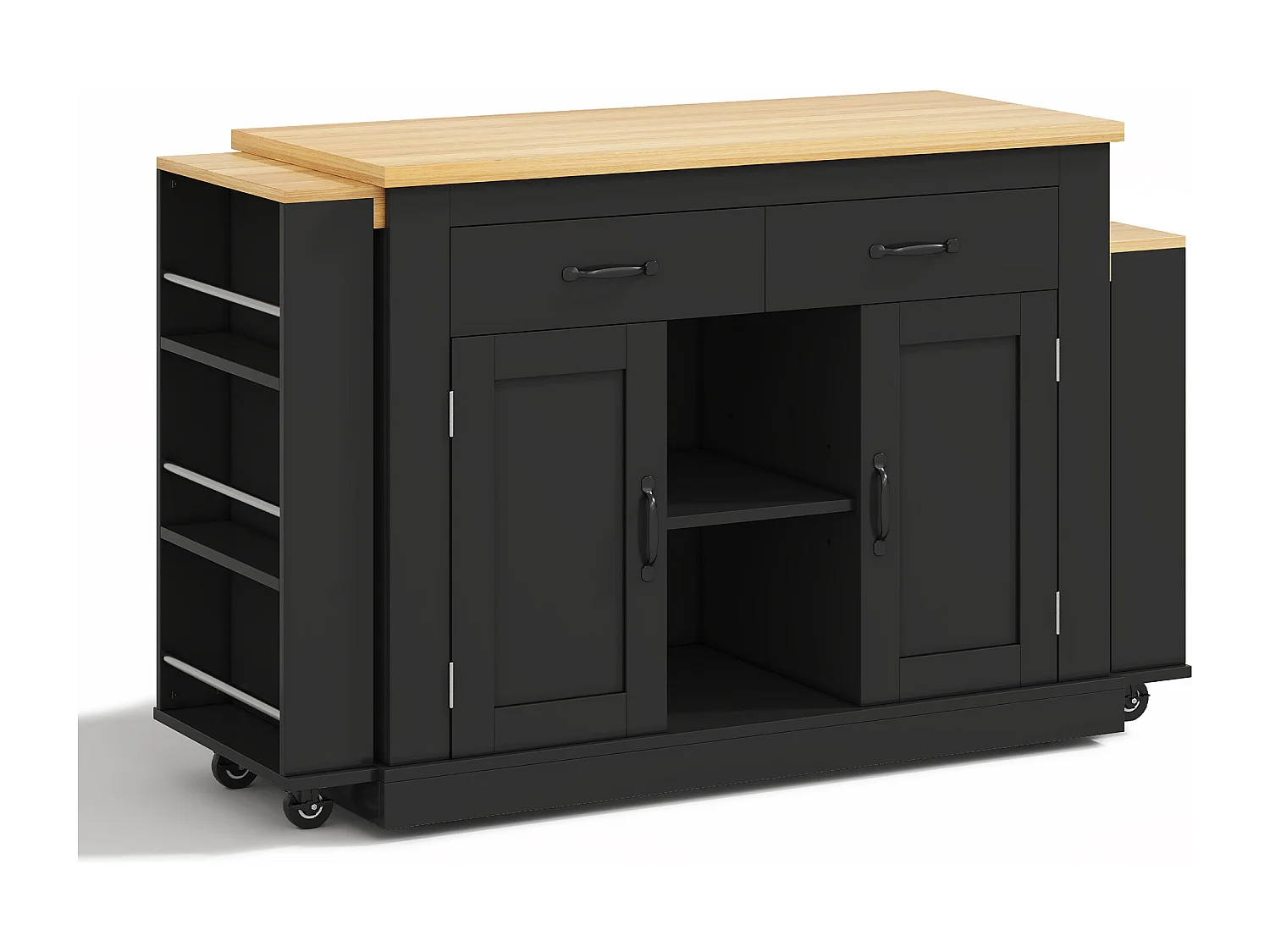 Centraal kookeiland - 2 uitschuifbare eettafels - met 2 stopcontacten en 2 USB-poorten - grote opbergruimte - Natuur + Zwart