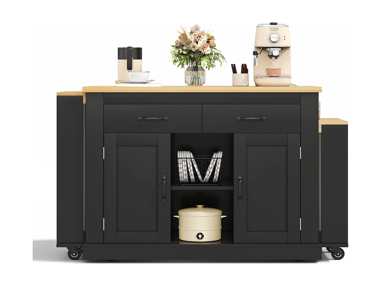 Centraal kookeiland - 2 uitschuifbare eettafels - met 2 stopcontacten en 2 USB-poorten - grote opbergruimte - Natuur + Zwart