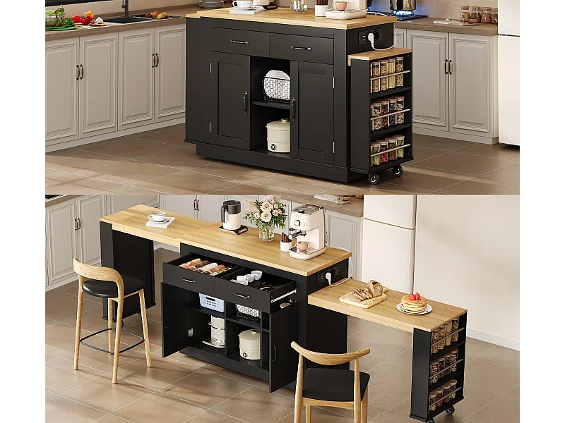 Centraal kookeiland - 2 uitschuifbare eettafels - met 2 stopcontacten en 2 USB-poorten - grote opbergruimte - Natuur + Zwart