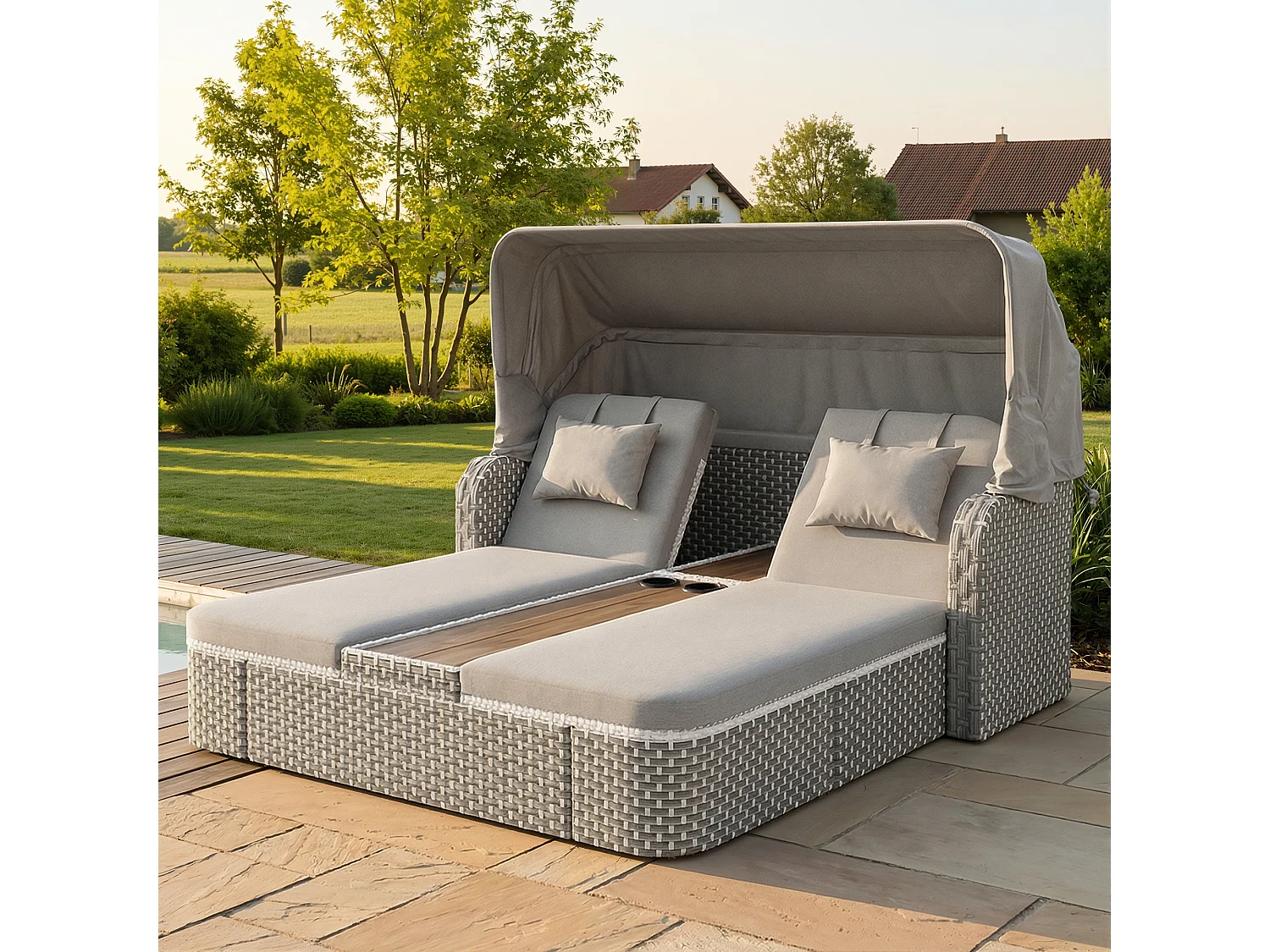 Salon de jardin - Bain de soleil - canapé de jardin - en acier galvanisé - 2 places - Bois d'acacia - avec Pare soleil réglable - gris